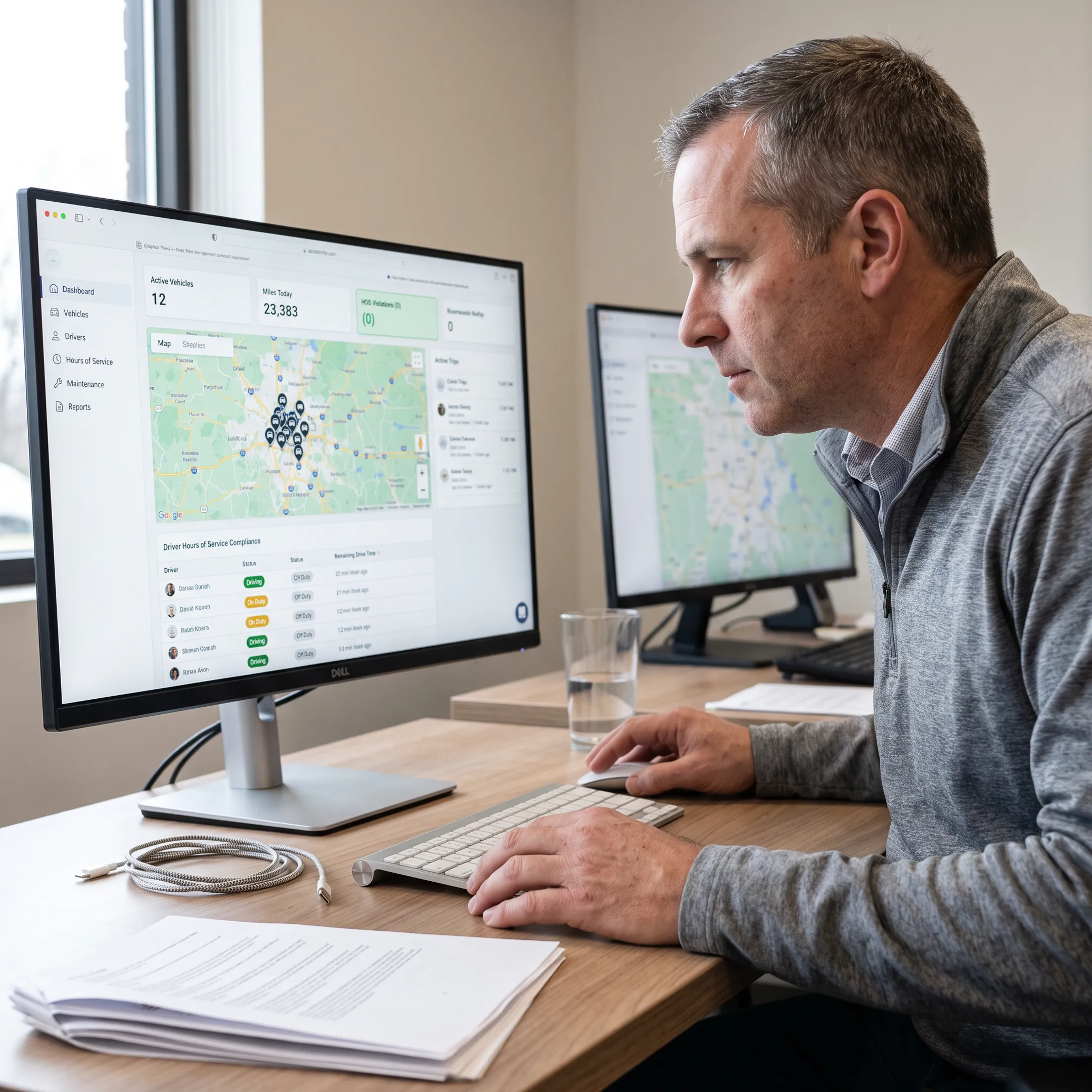 Fleet manager reviewing hours of service data and vehicle activity on a monitoring dashboard