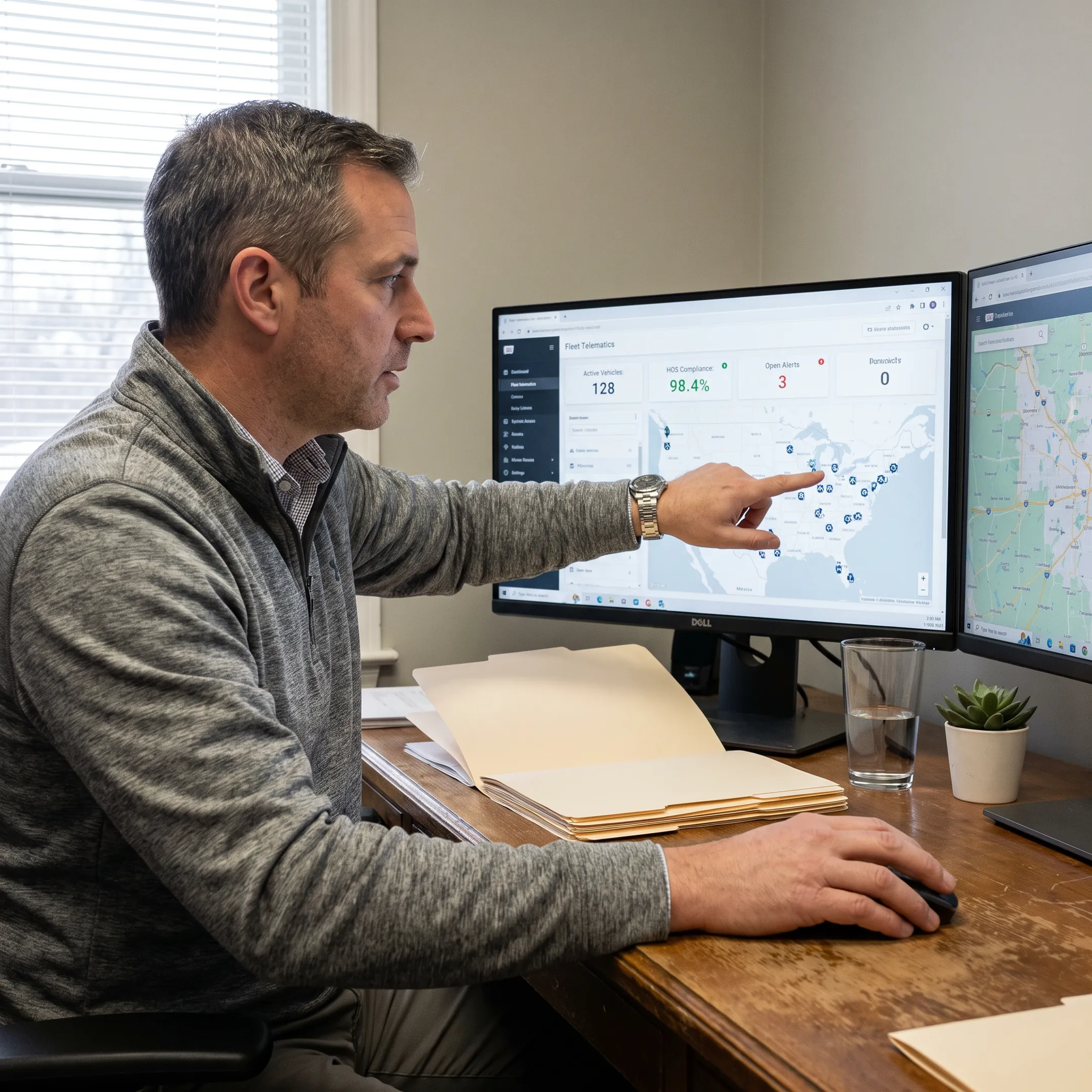 Fleet manager reviewing ELD exemption and vehicle tracking information