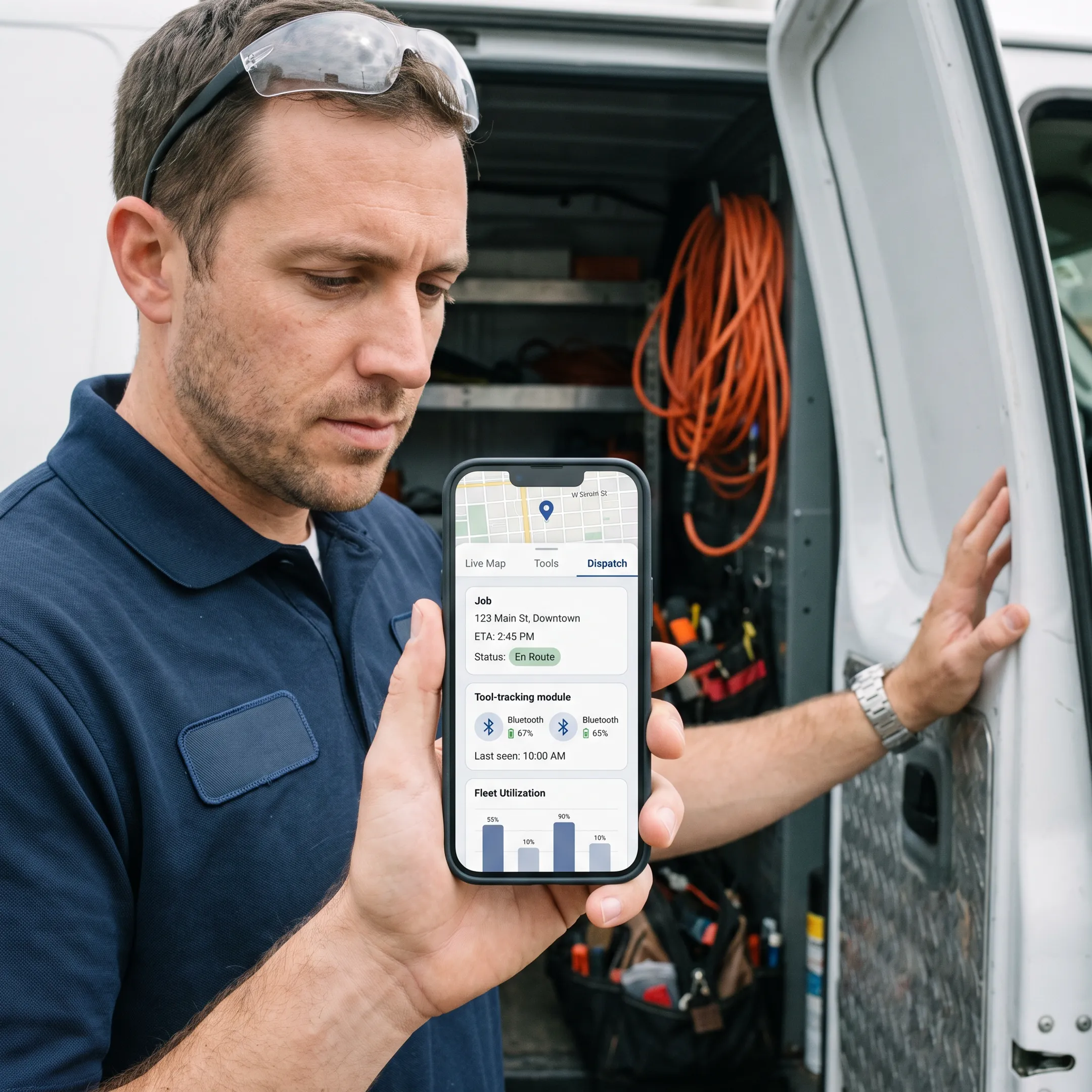 Electrician reviewing fleet and equipment tracking software on a mobile device