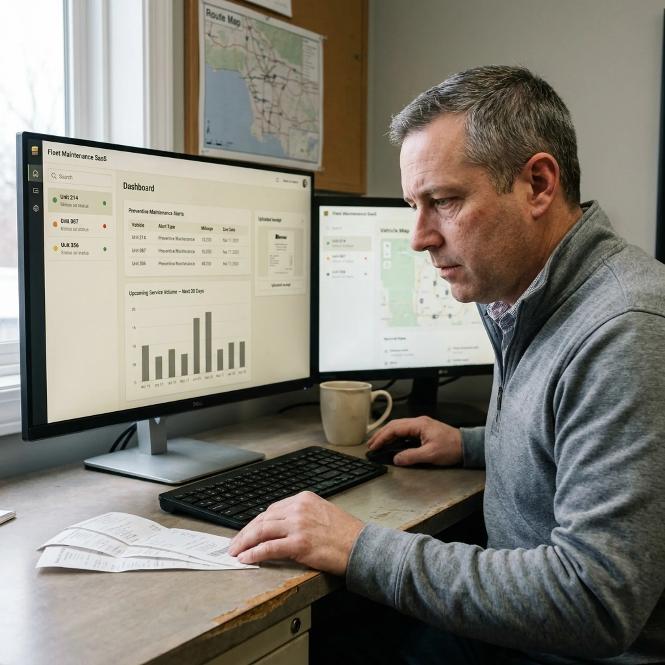 Fleet maintenance manager reviewing vehicle service alerts and maintenance history