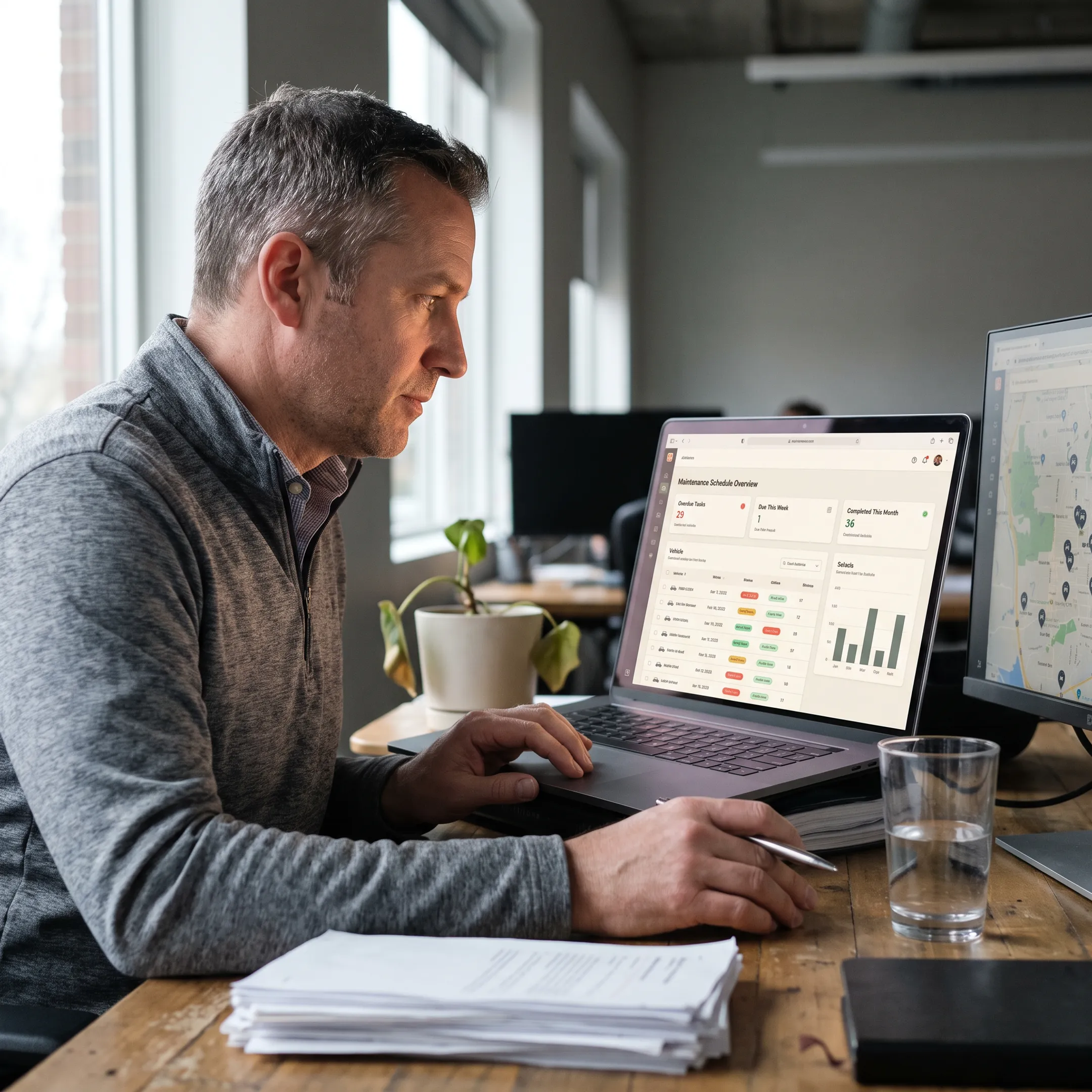 Fleet manager reviewing preventive maintenance schedules and vehicle service records on a software dashboard