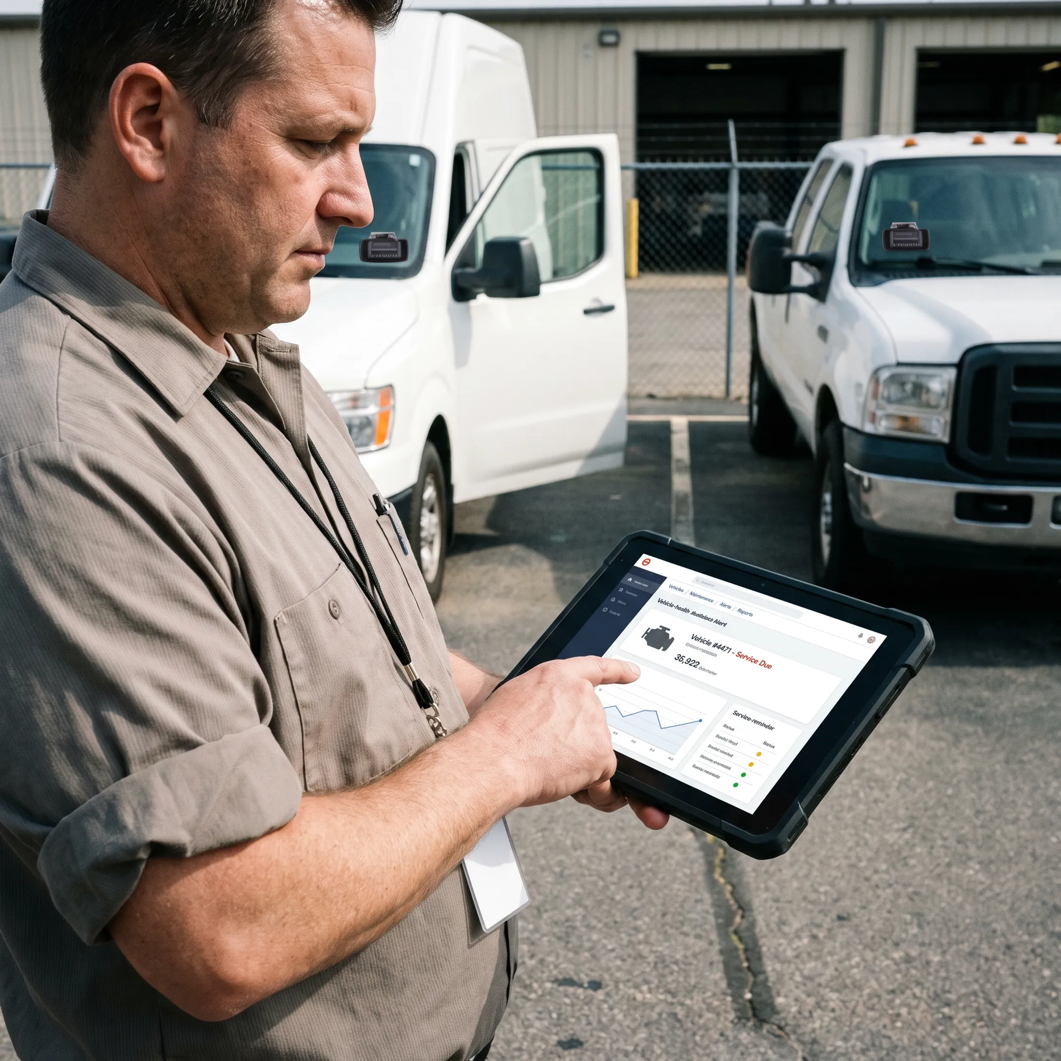 Fleet manager reviewing vehicle maintenance data on a connected dashboard