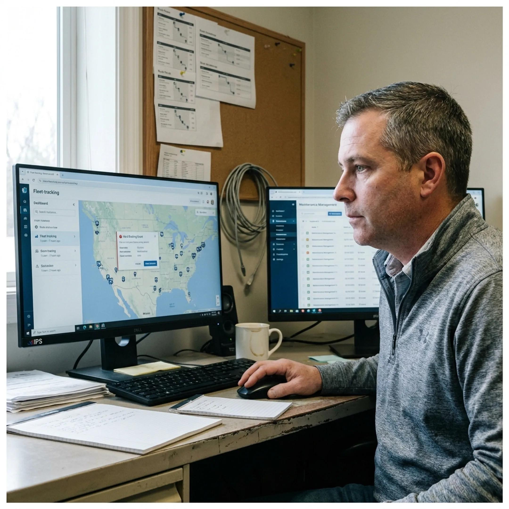 Fleet manager reviewing commercial truck safety data