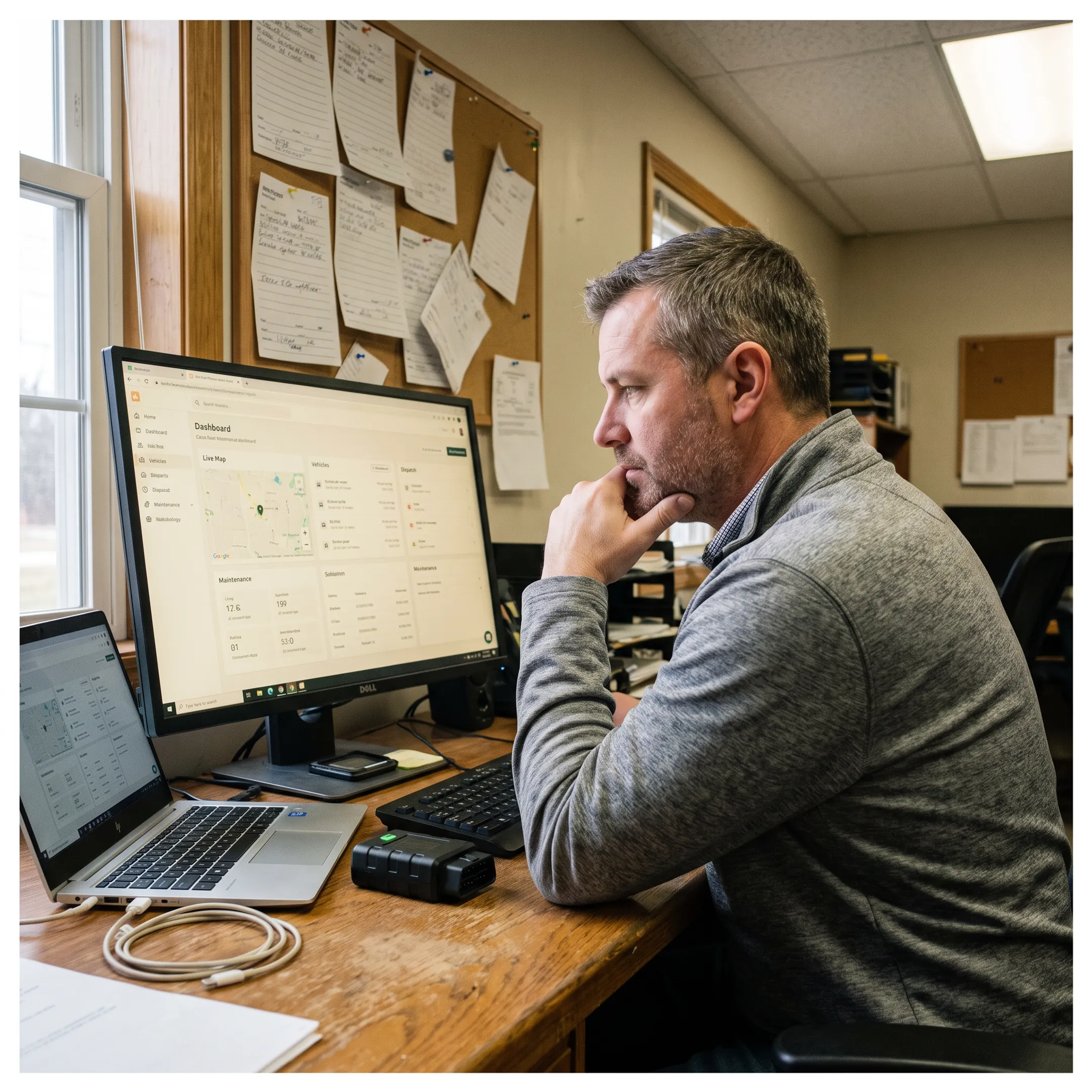 Electrical field service manager reviewing fleet and work activity on a dashboard
