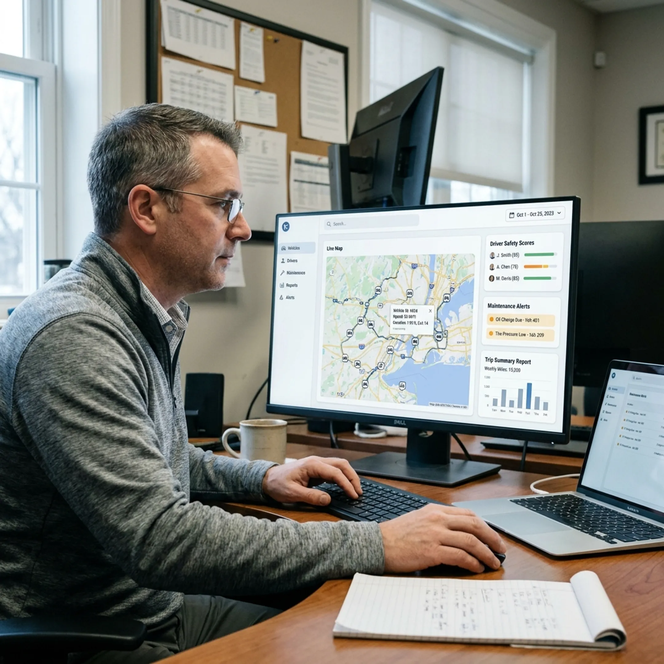 Fleet manager reviewing telematics data on a computer