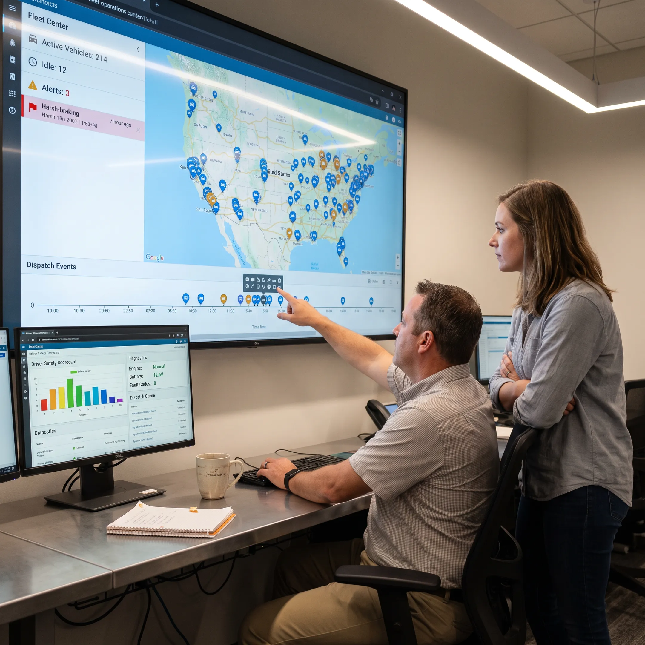 Telematics fleet management dashboard showing vehicles and driver activity