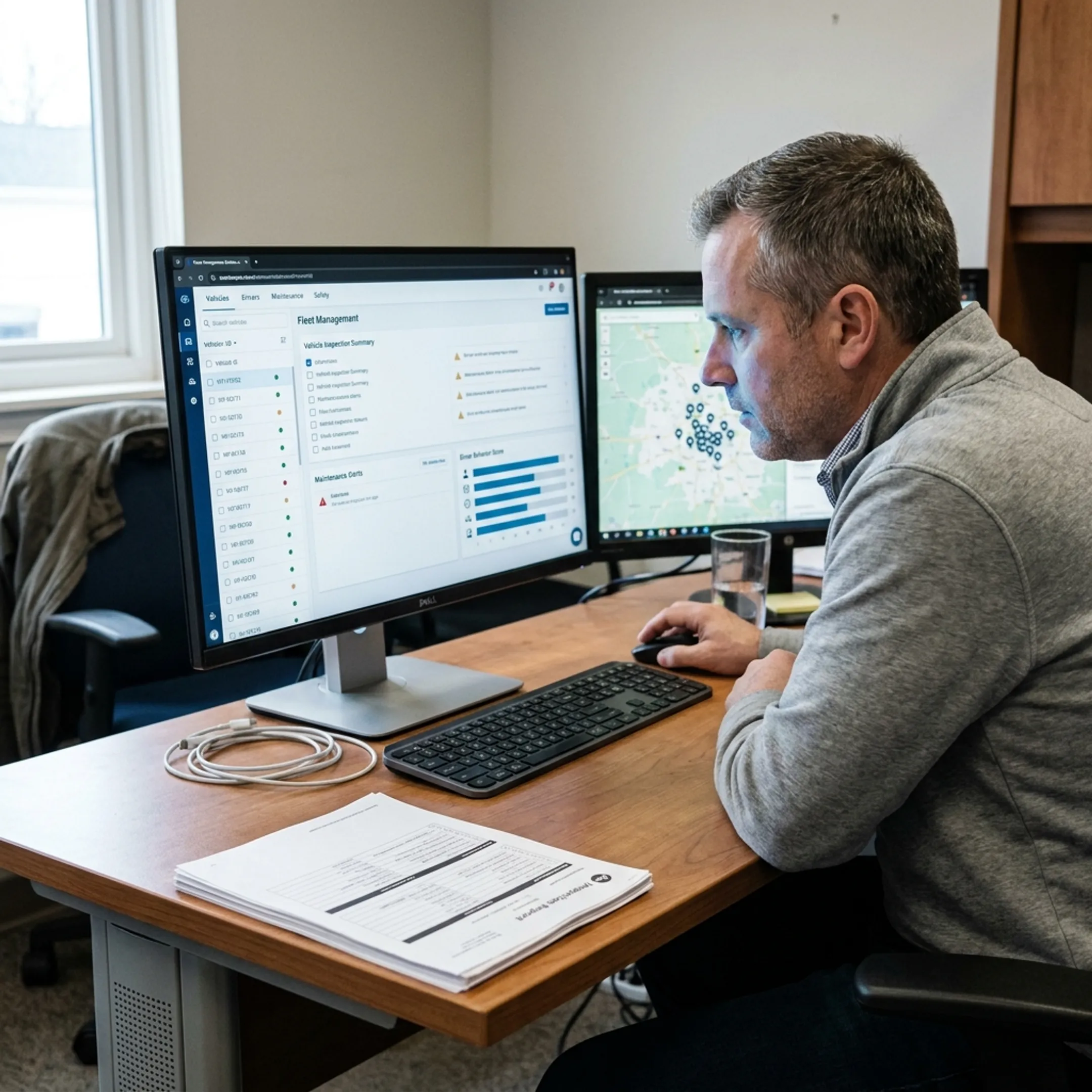Manager reviewing fleet inspection and maintenance data