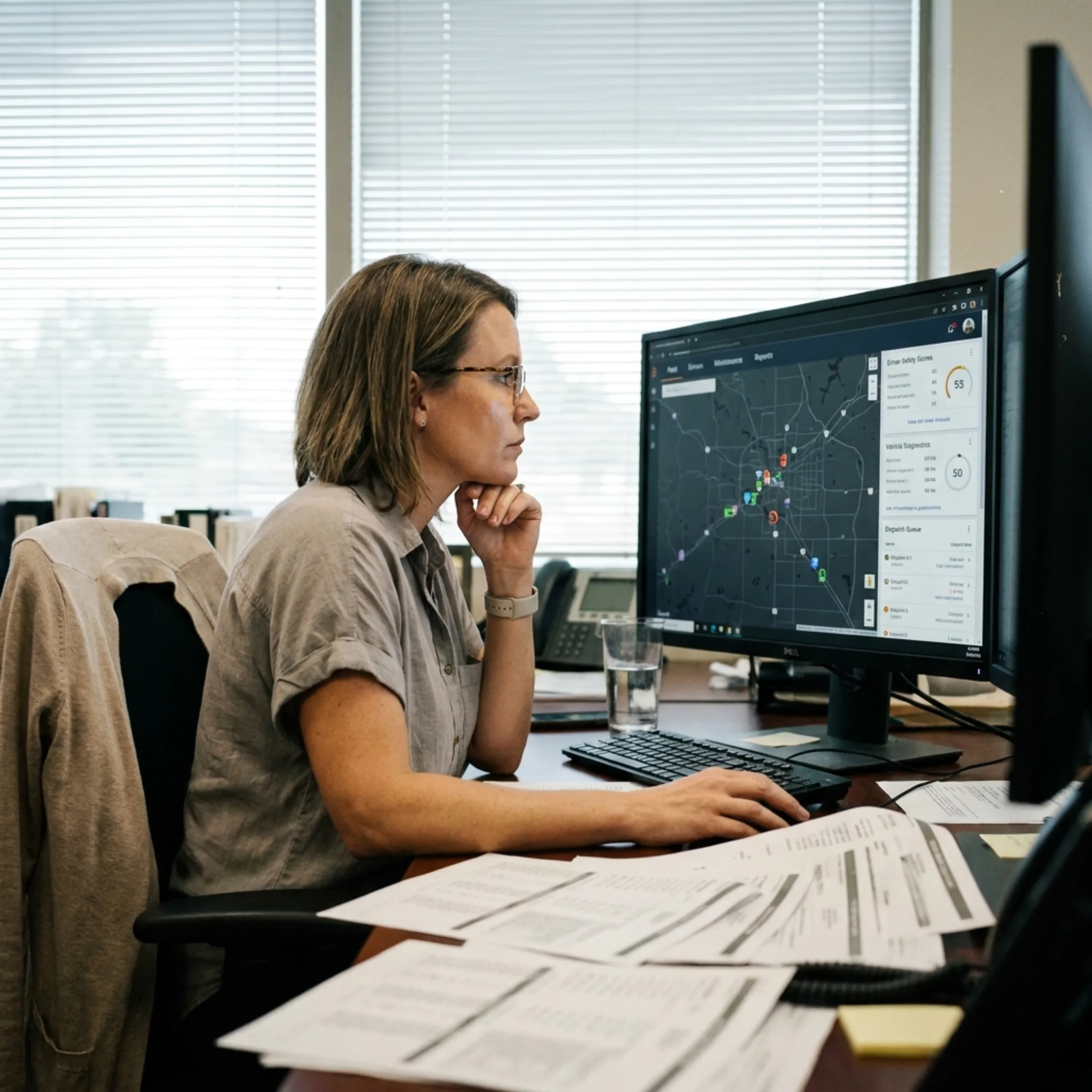 Fleet manager analyzing vehicle and driver data on a live tracking platform