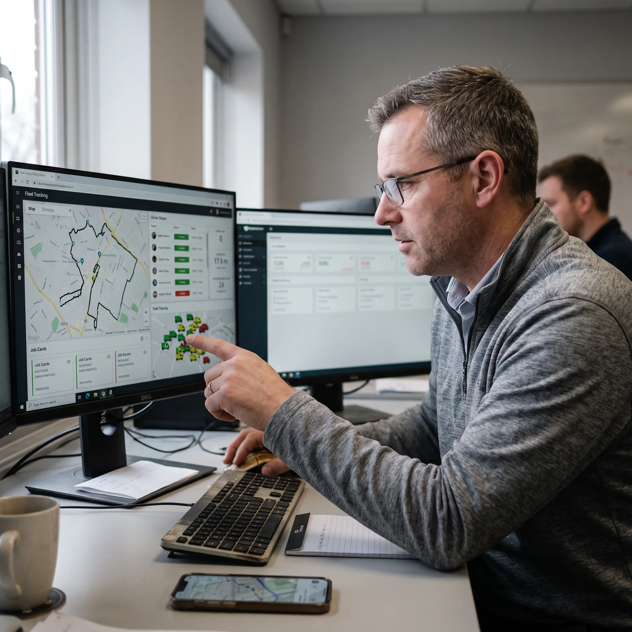 Fleet manager viewing live vehicle locations on a tracking dashboard