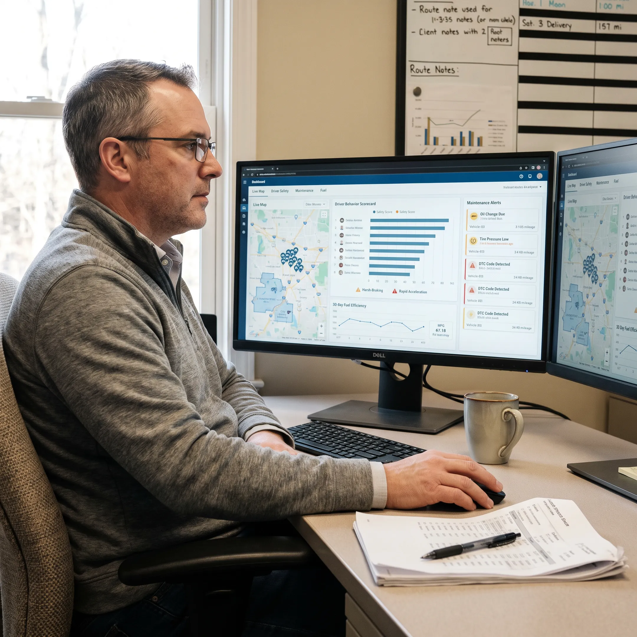 Fleet manager reviewing fuel and vehicle data on a software dashboard