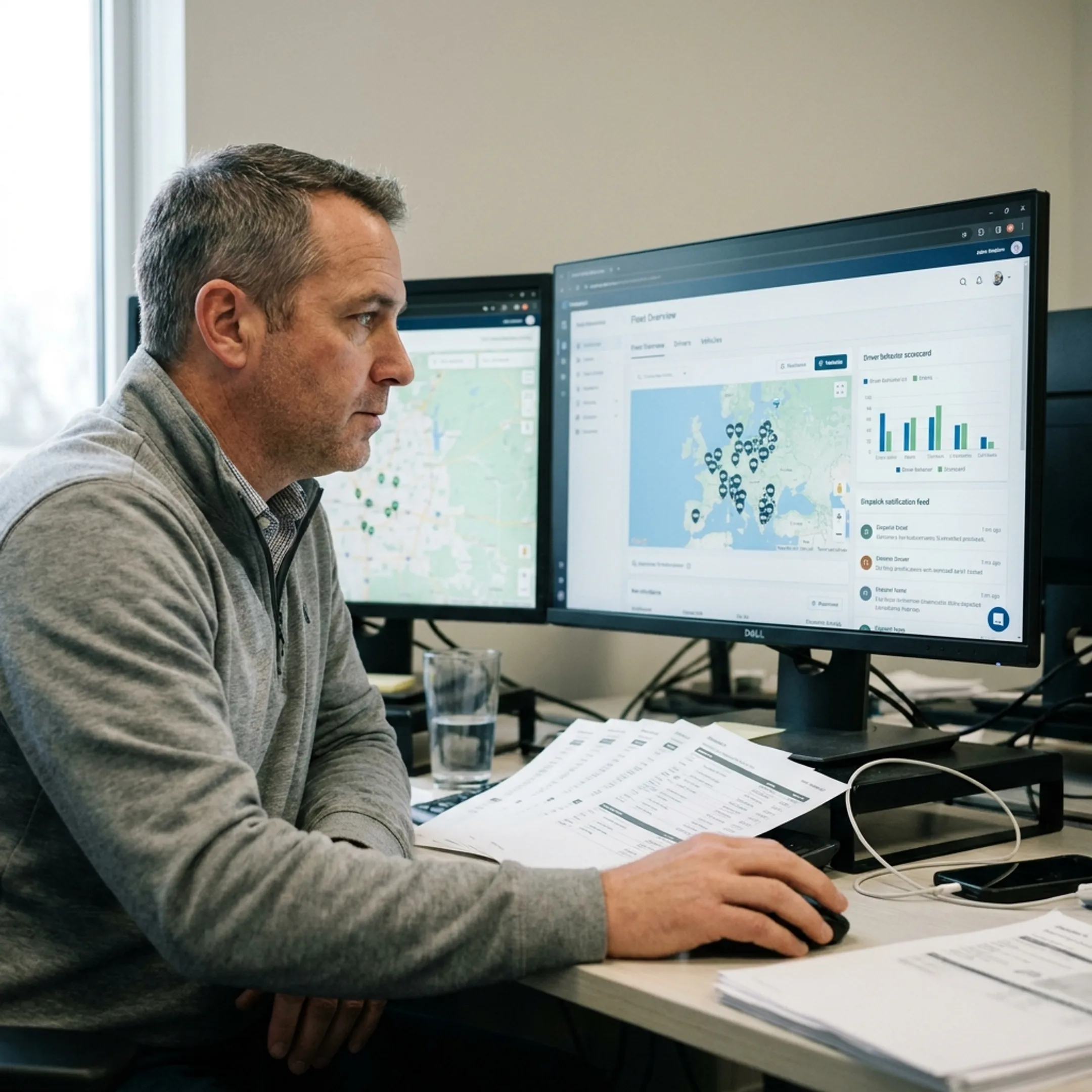 Courier fleet manager reviewing dispatch and driver information
