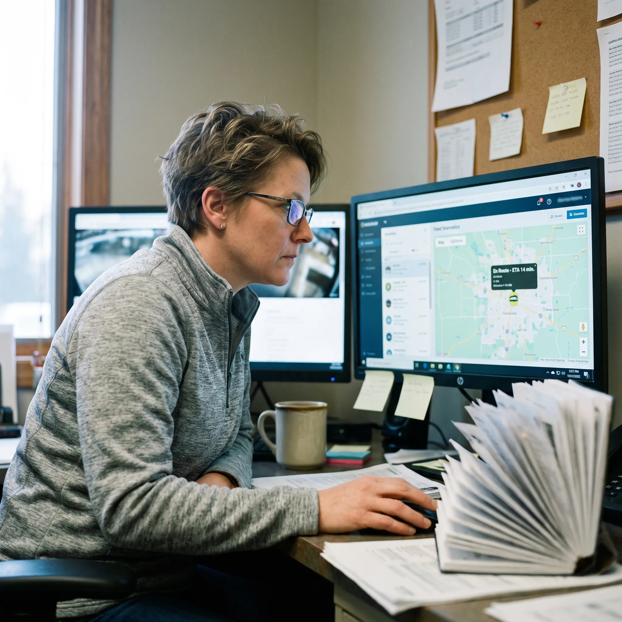 Dispatcher monitoring courier vehicles on a live fleet map