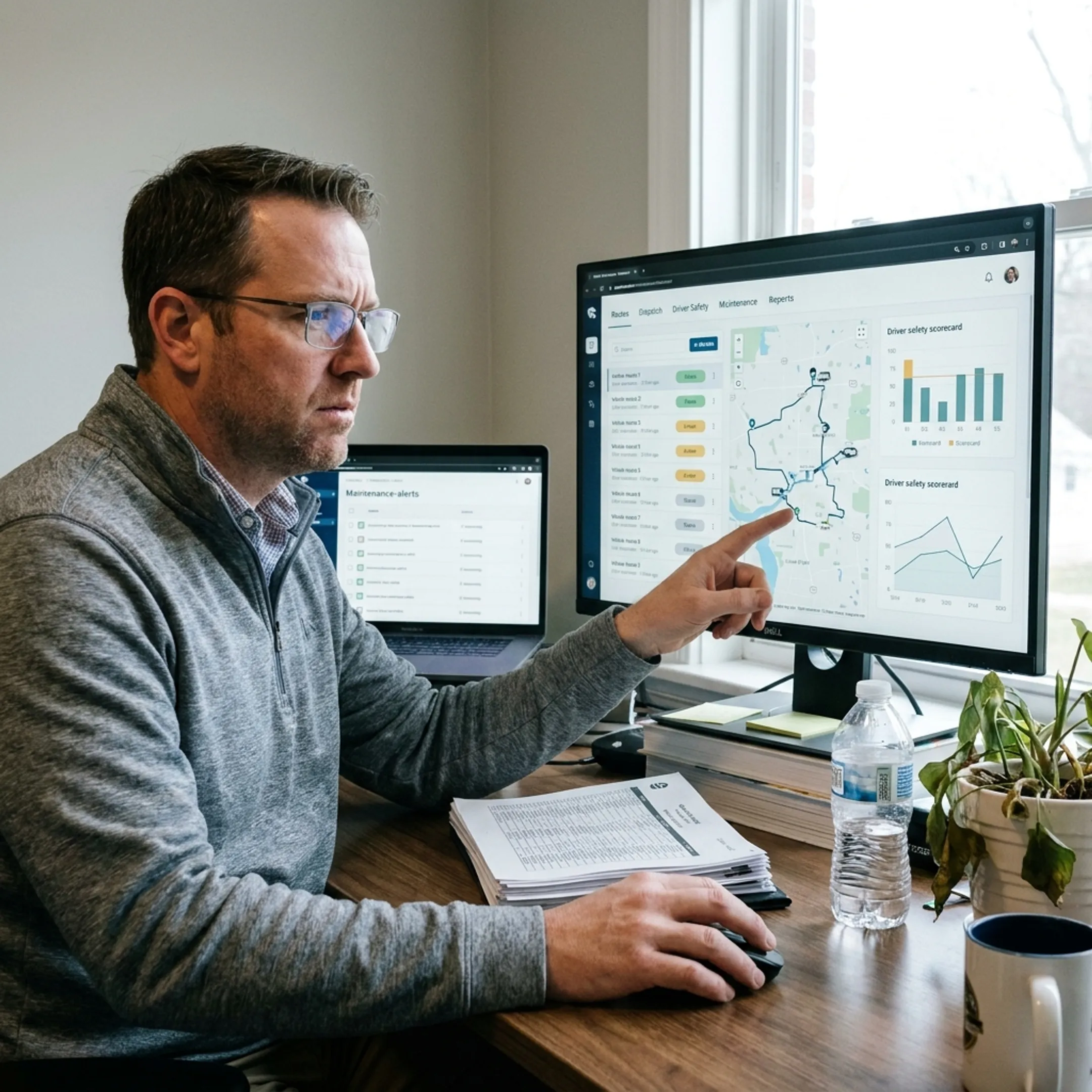Pest control fleet manager reviewing dispatch and vehicle data