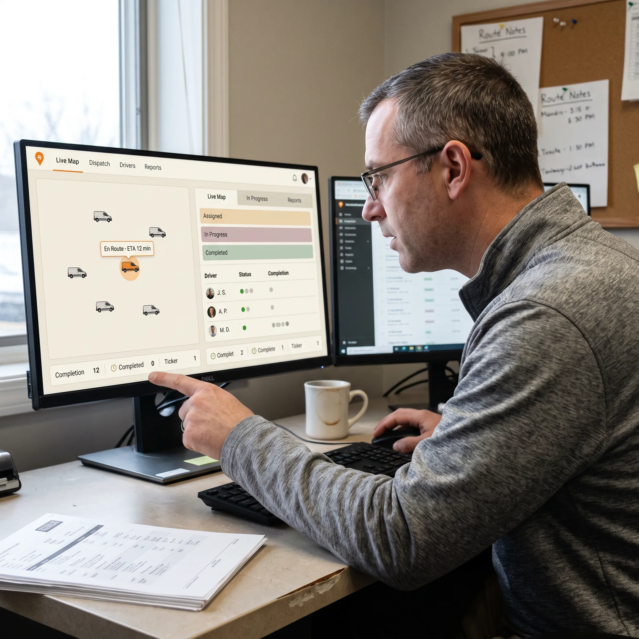 Pest control dispatcher monitoring field vehicles on a live map