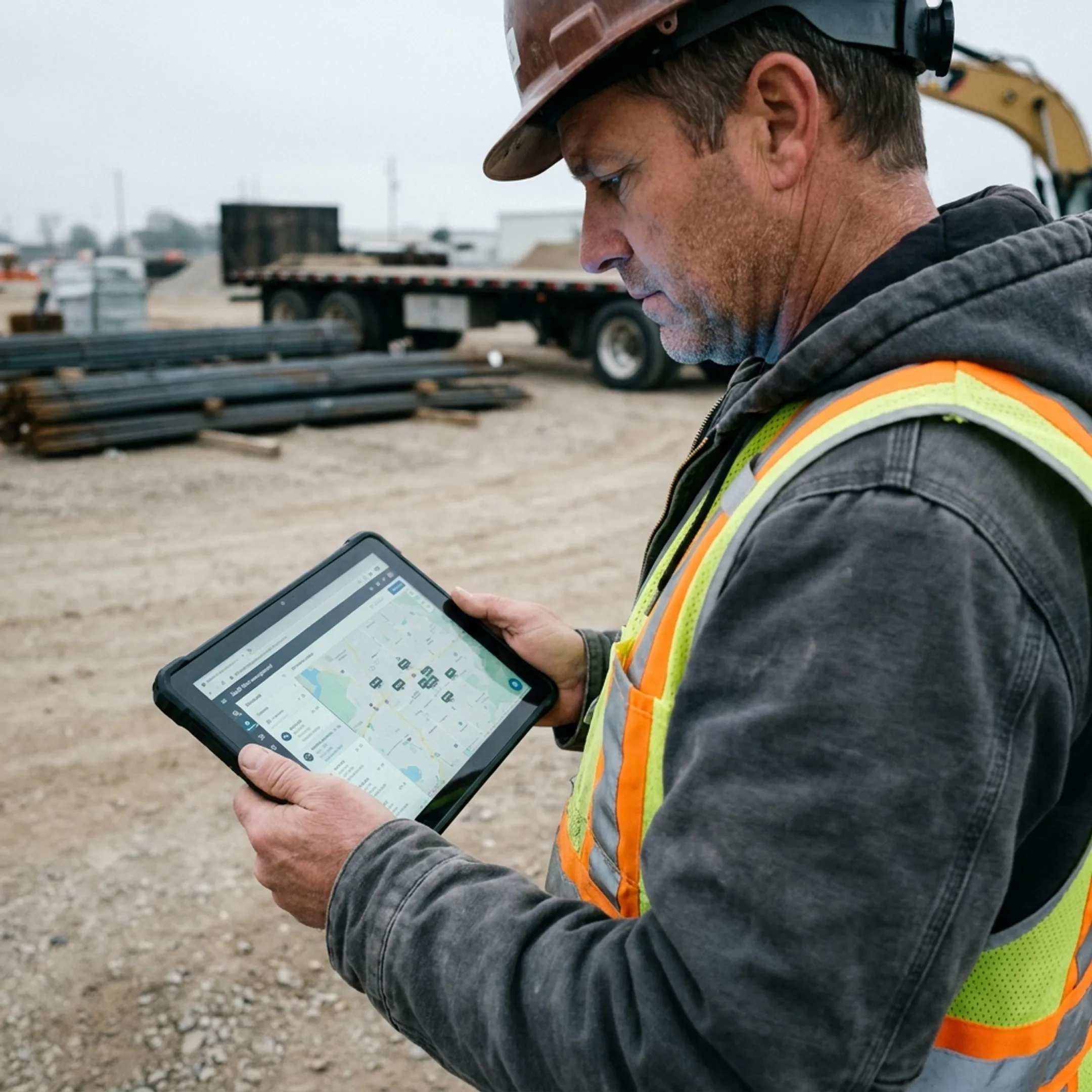 Construction manager reviewing fleet locations and equipment status