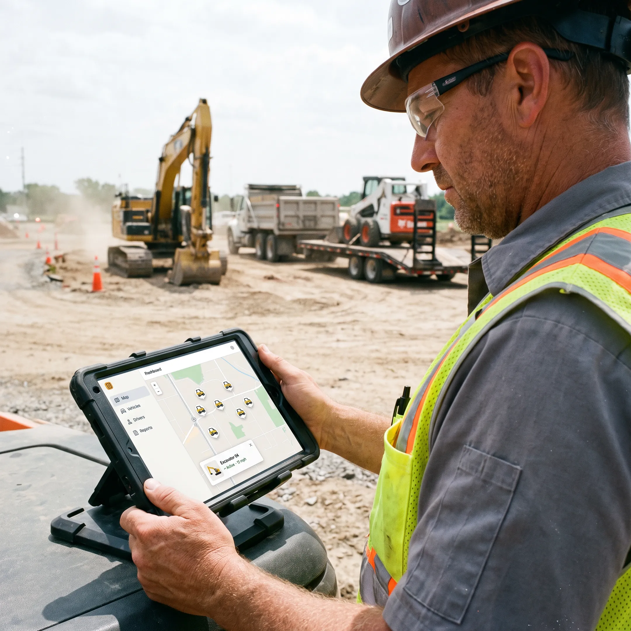 Construction fleet vehicles and equipment monitored on a GPS tracking dashboard