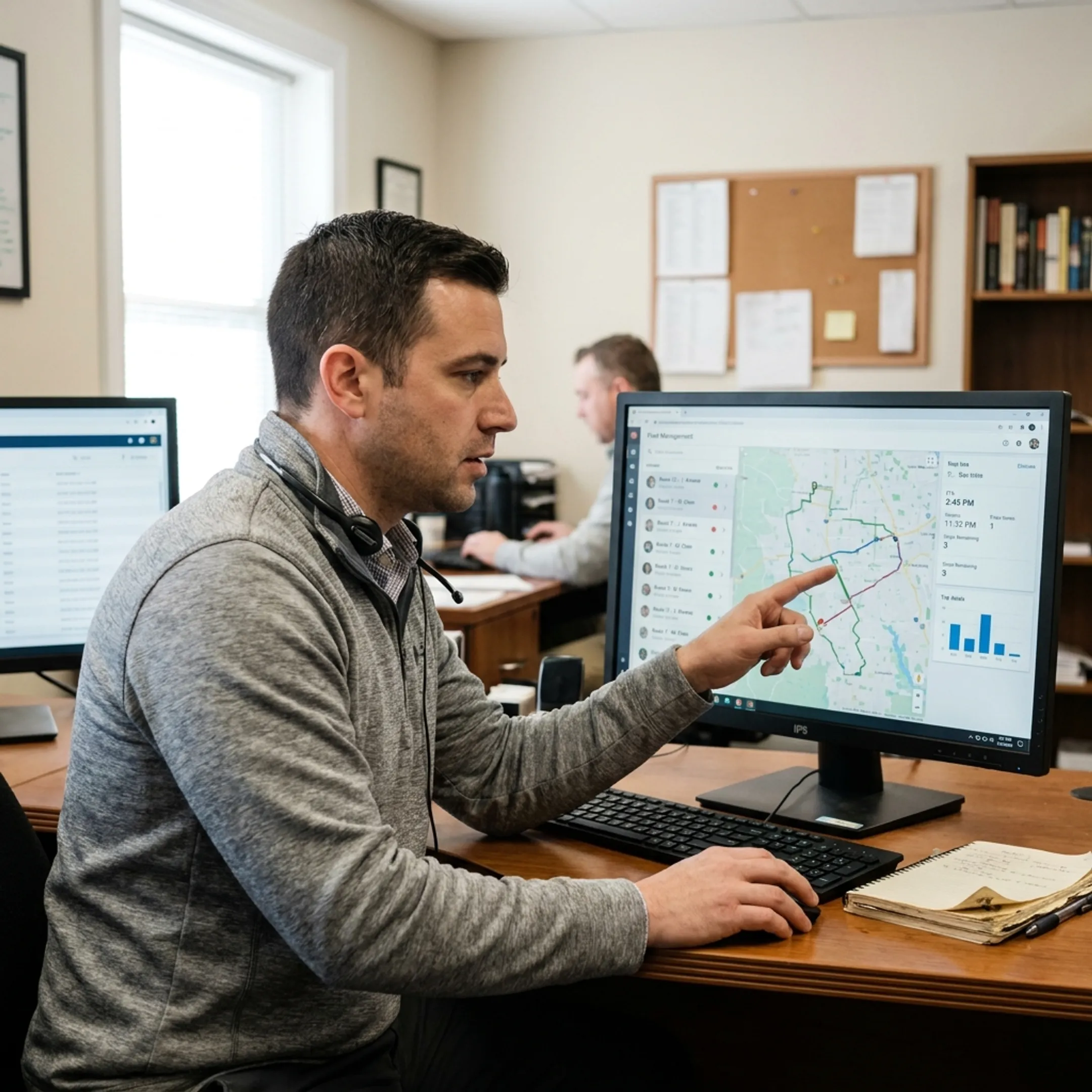 Dispatcher monitoring trucks and route activity on fleet software