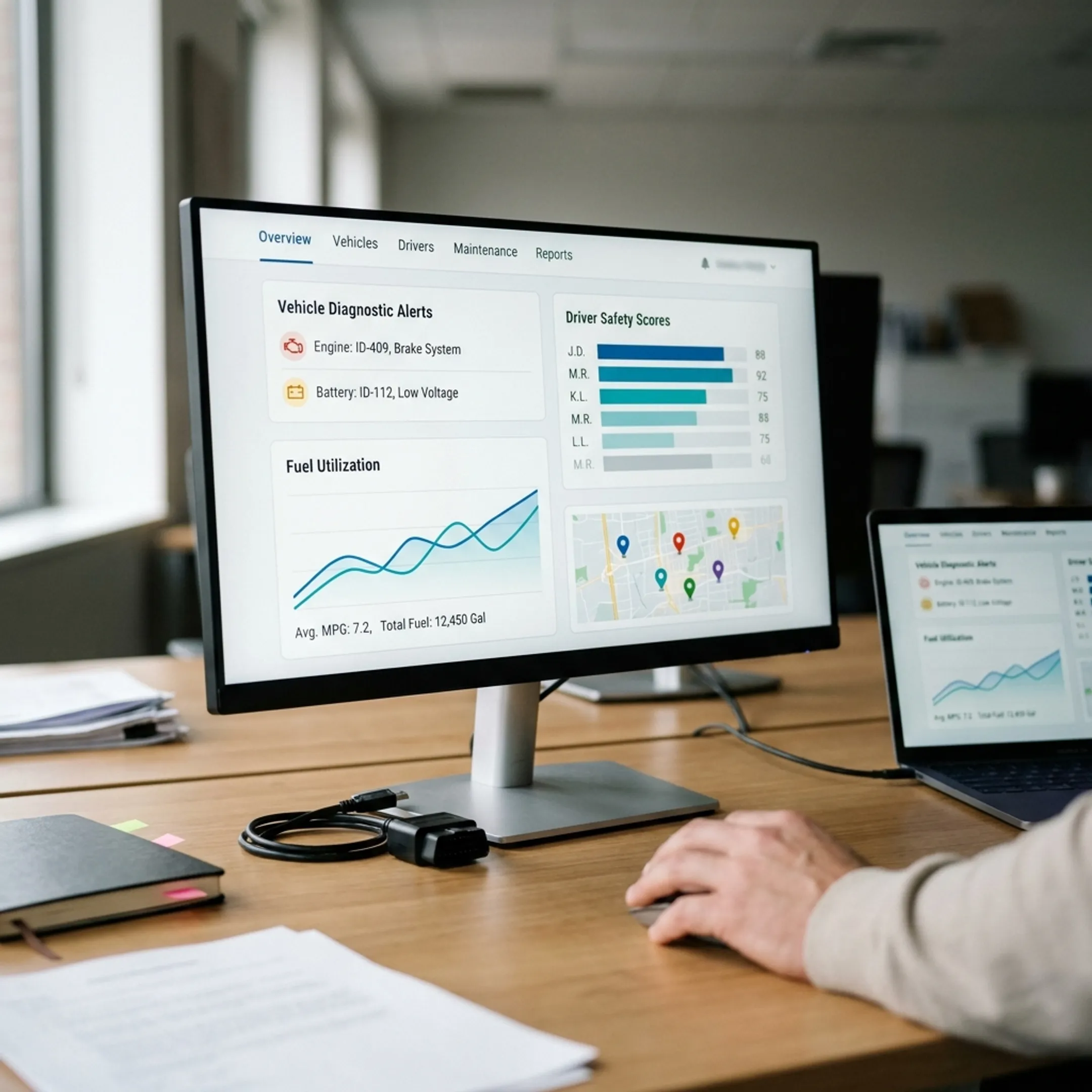 Live digital dashboard showcasing fleet telematics data and metrics