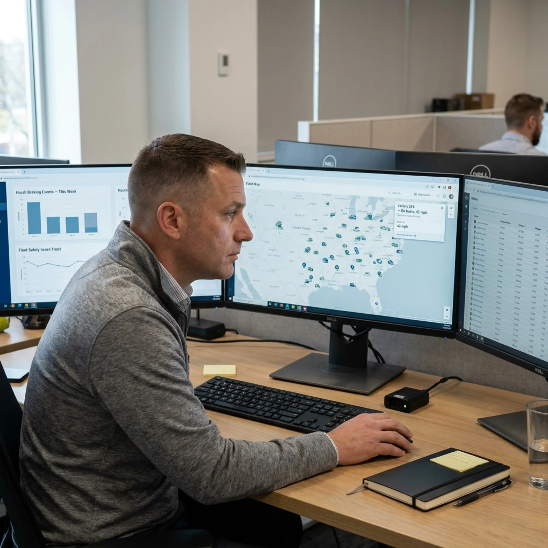Fleet manager analyzing fleet telematics data on desktop dashboard