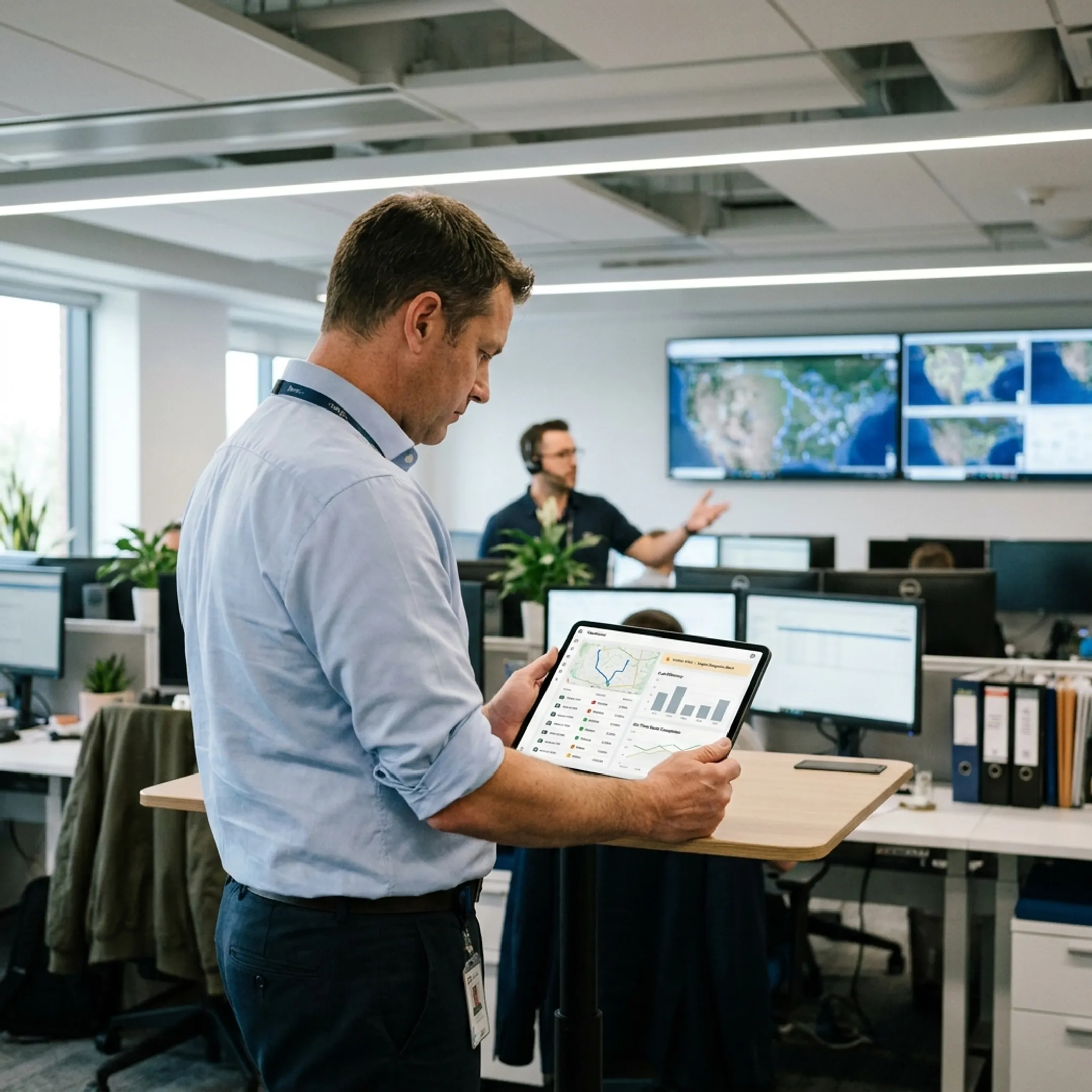 Fleet manager analyzing enterprise vehicle analytics on a digital tablet