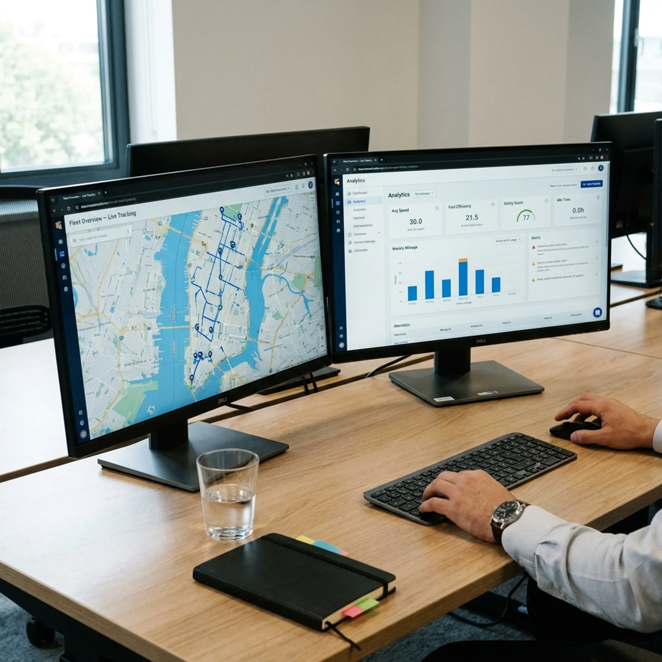 Enterprise fleet management software dashboard displaying vehicle tracking map and analytics