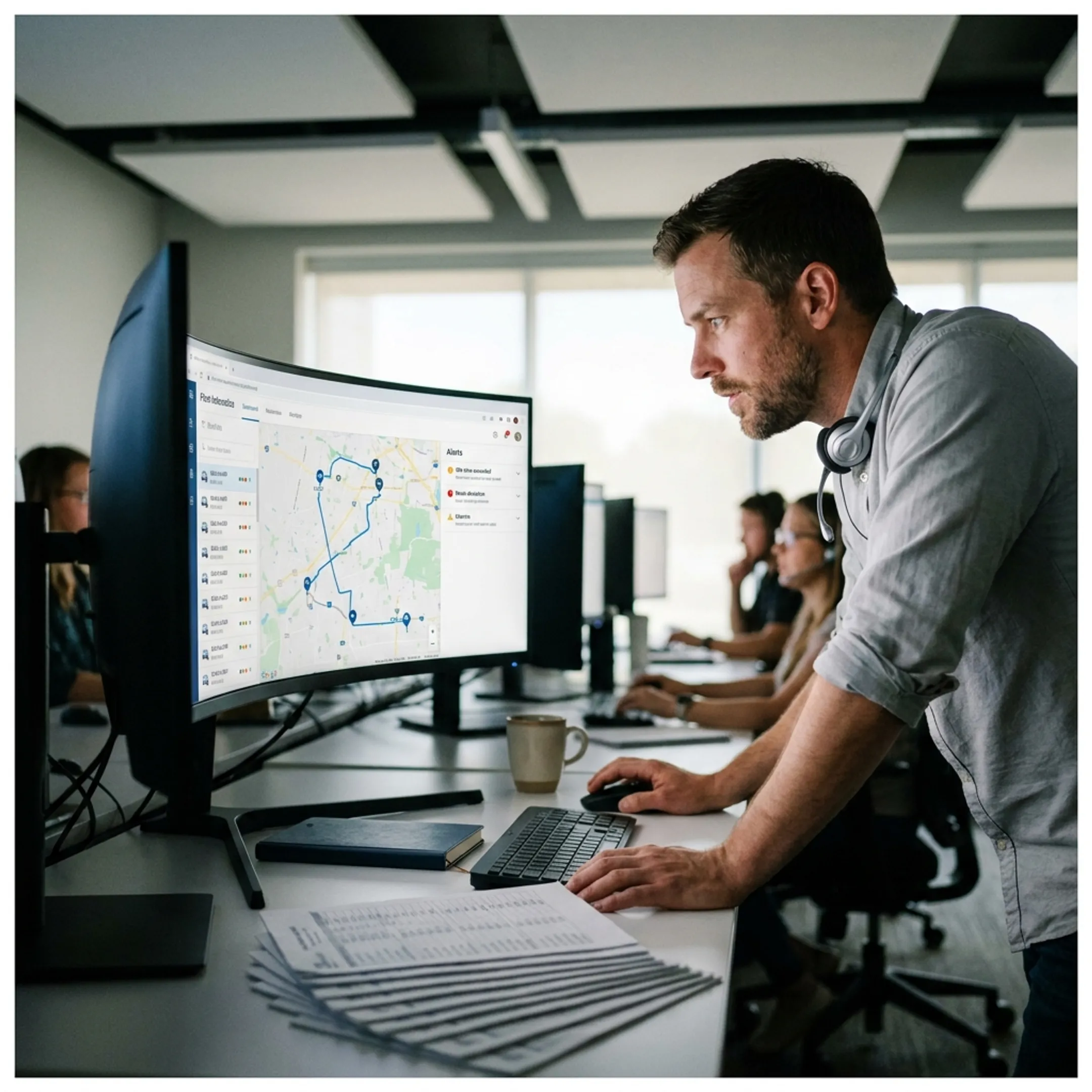 Fleet manager reviewing live vehicle tracking software on multiple desktop monitors in an operations office
