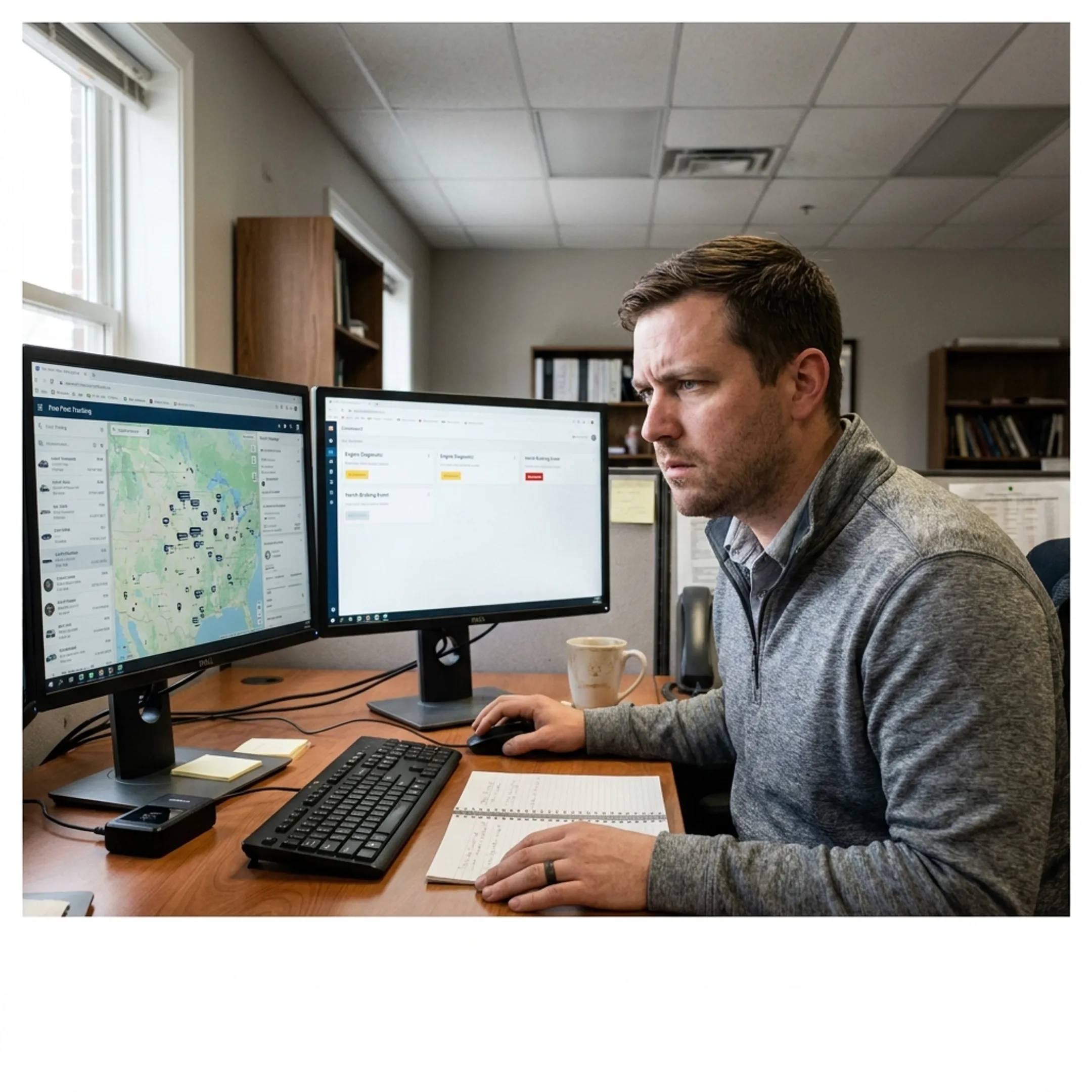 Fleet manager monitoring commercial vehicle locations on tracking software dashboard