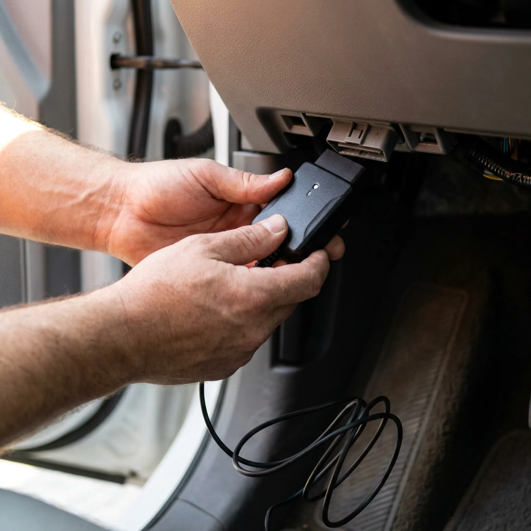 Technician plugging an OBD-II GPS tracking device into a commercial fleet vehicle