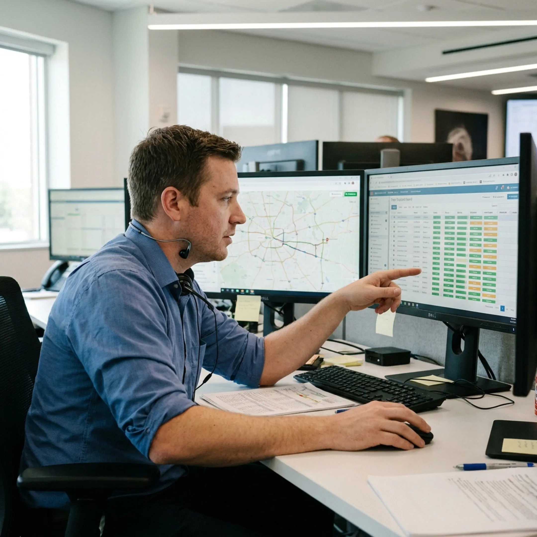 Dispatcher coordinating routes with mobile service drivers using digital fleet software