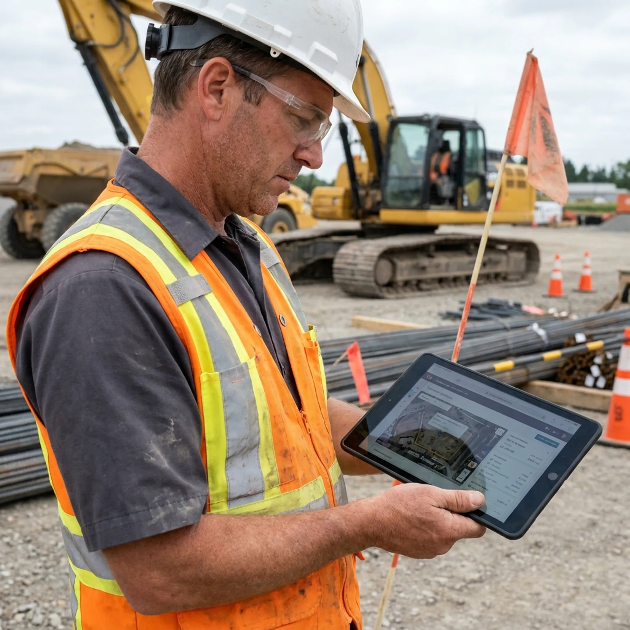Fleet manager monitoring heavy construction machinery on a digital dashboard