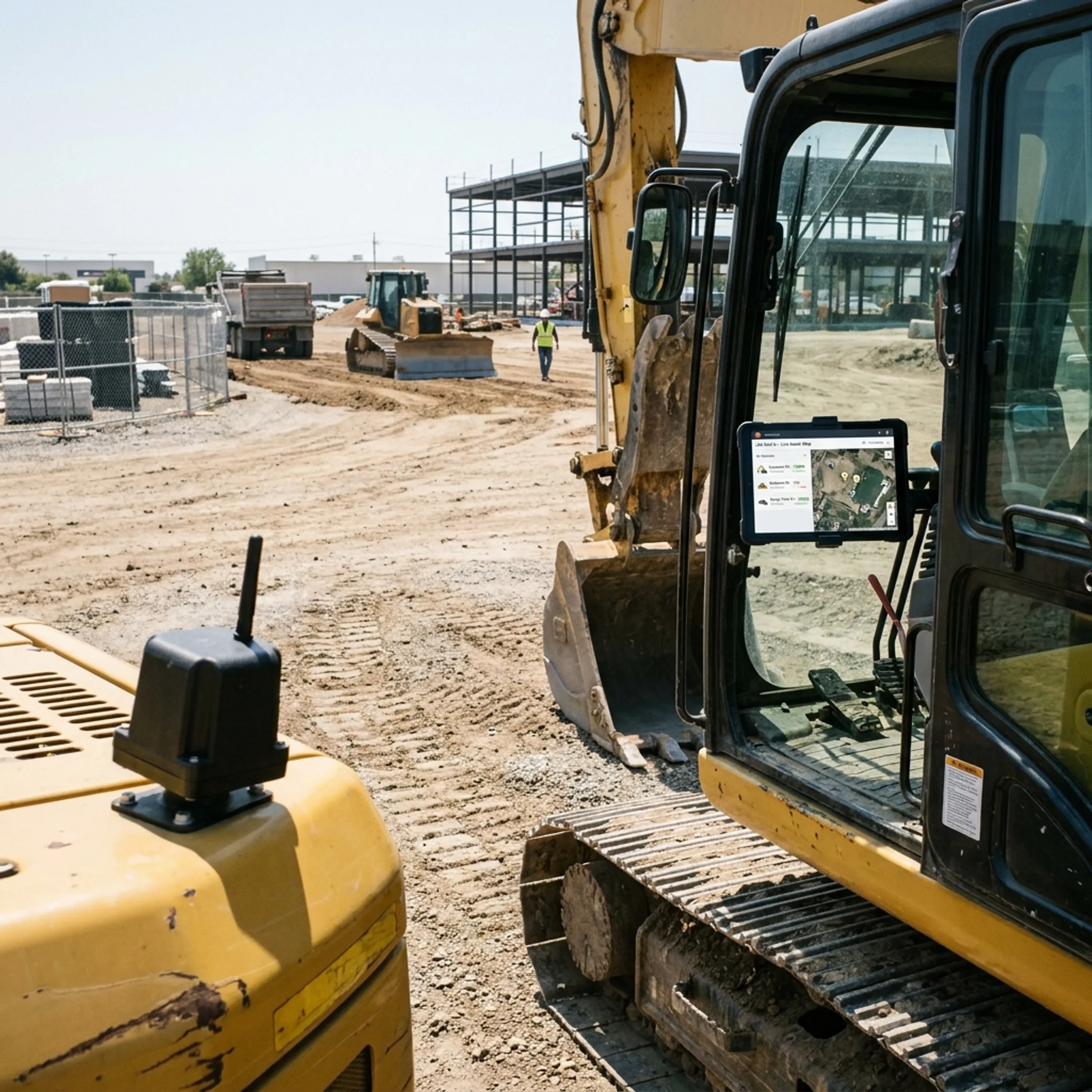 Heavy construction fleet machinery operating on a commercial job site