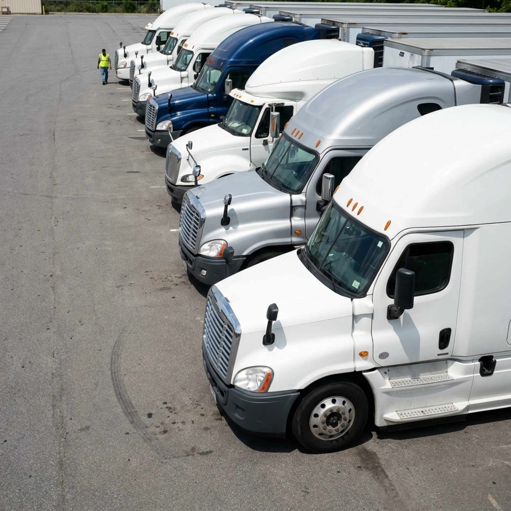 Commercial trucking fleet vehicles parked at a transport depot