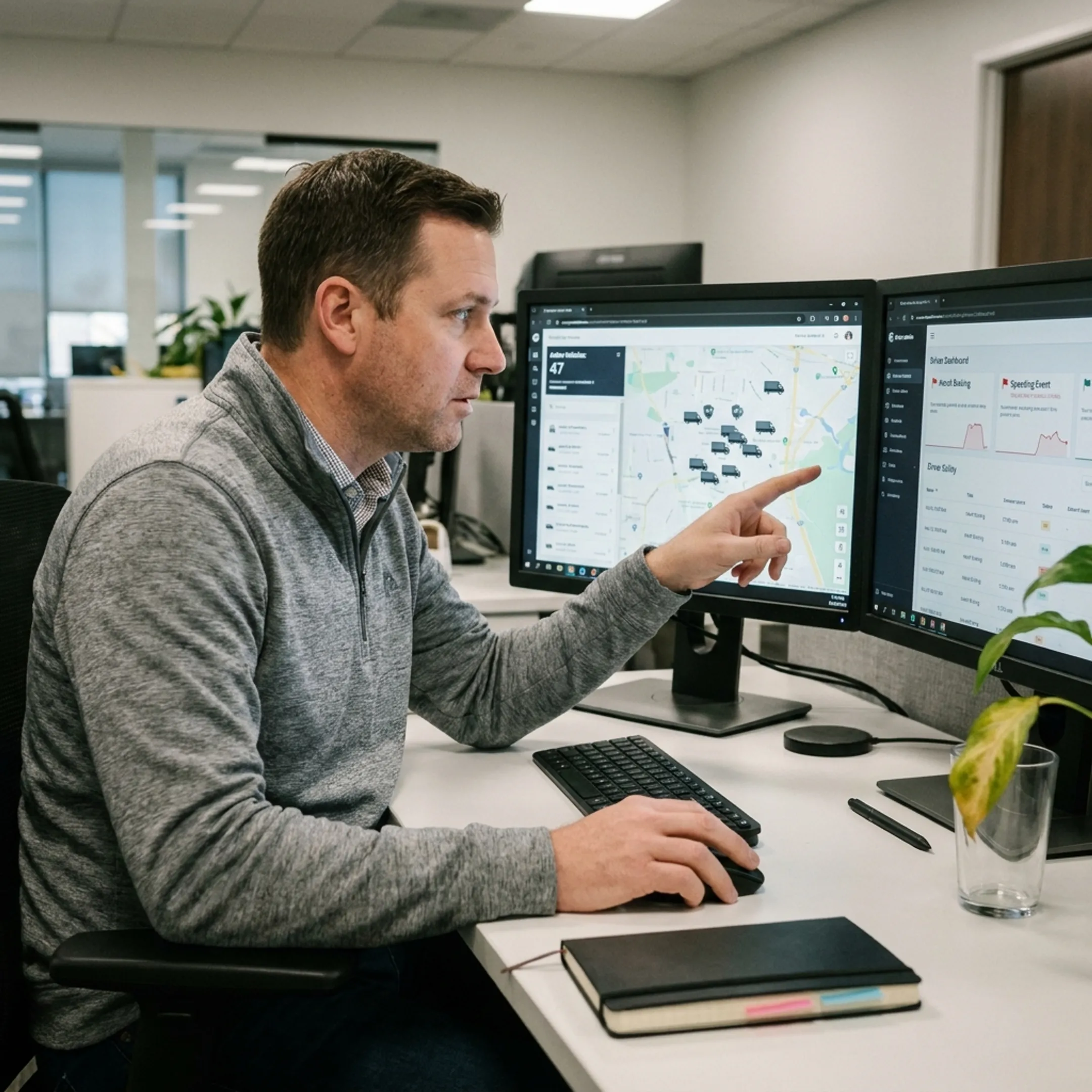 Fleet manager reviewing telematics safety data on a computer dashboard
