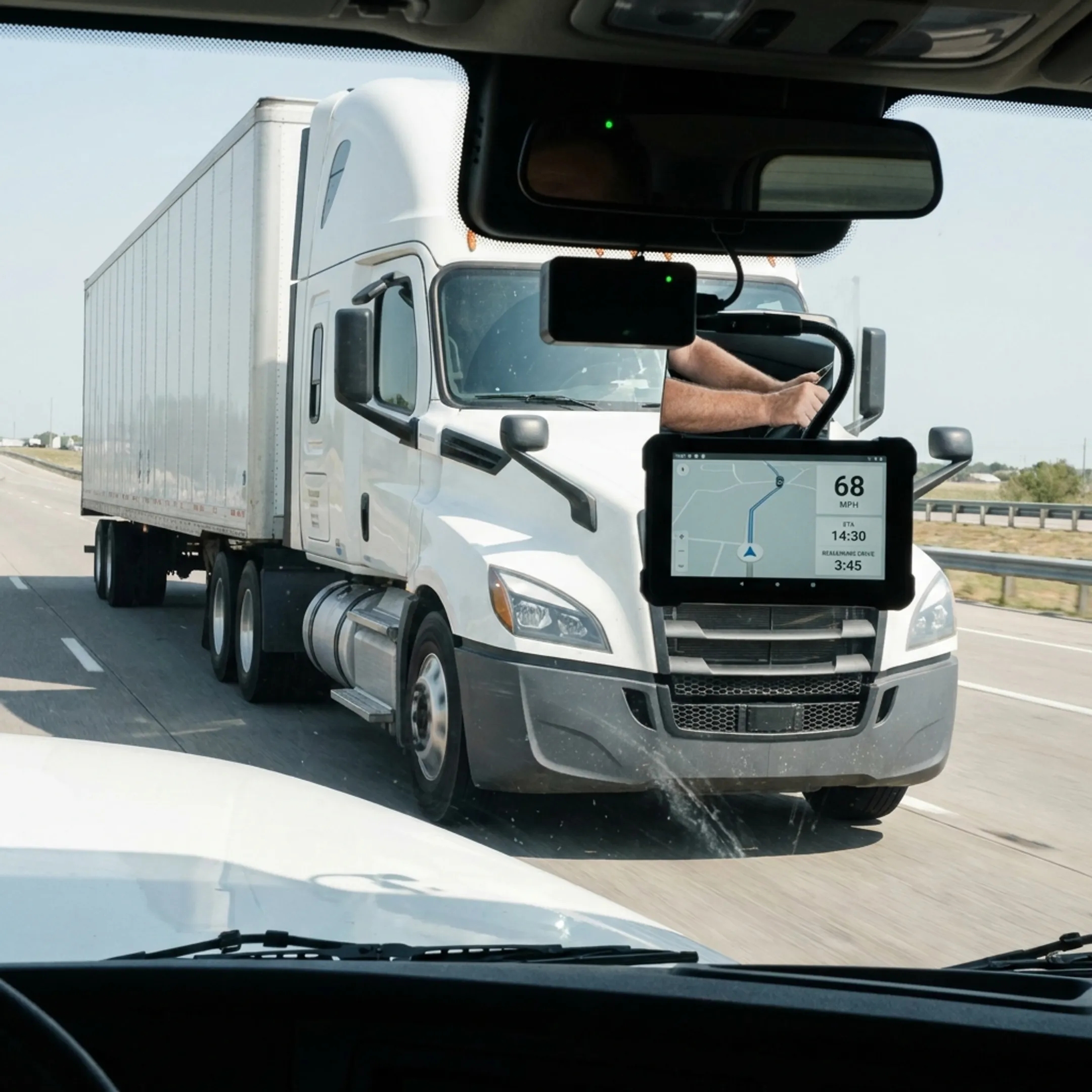 Commercial semi-truck on an open highway monitored by fleet management software