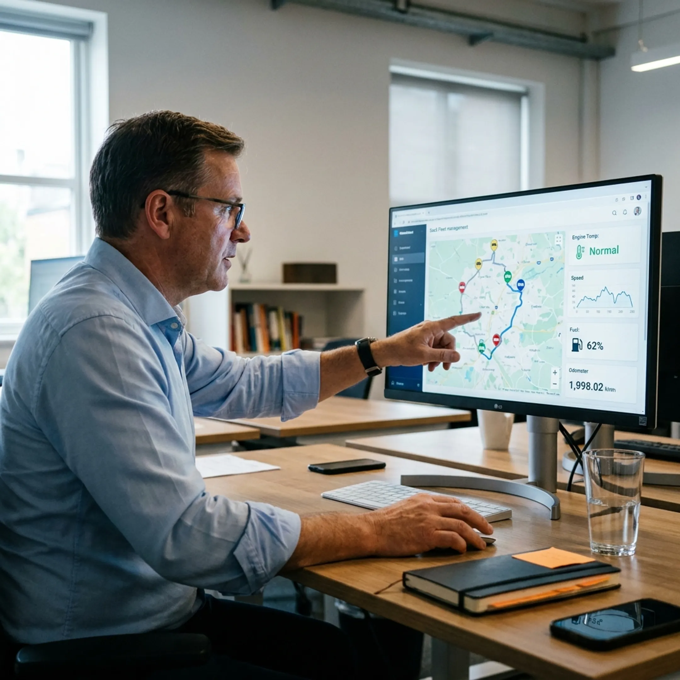 Fleet manager analyzing live GPS truck routes on a digital dashboard
