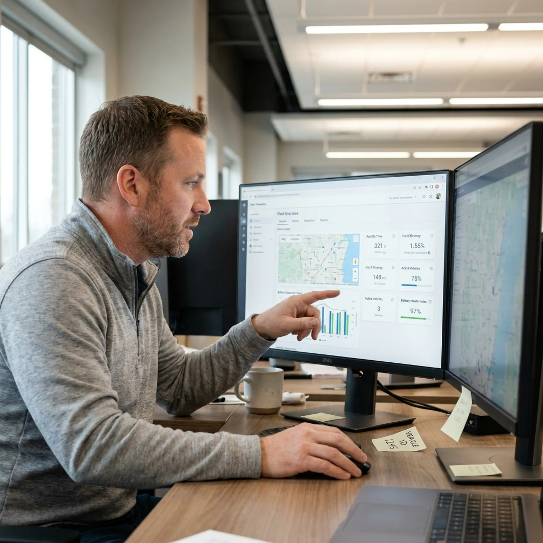 Fleet manager analyzing electric vehicle diagnostics on software platform