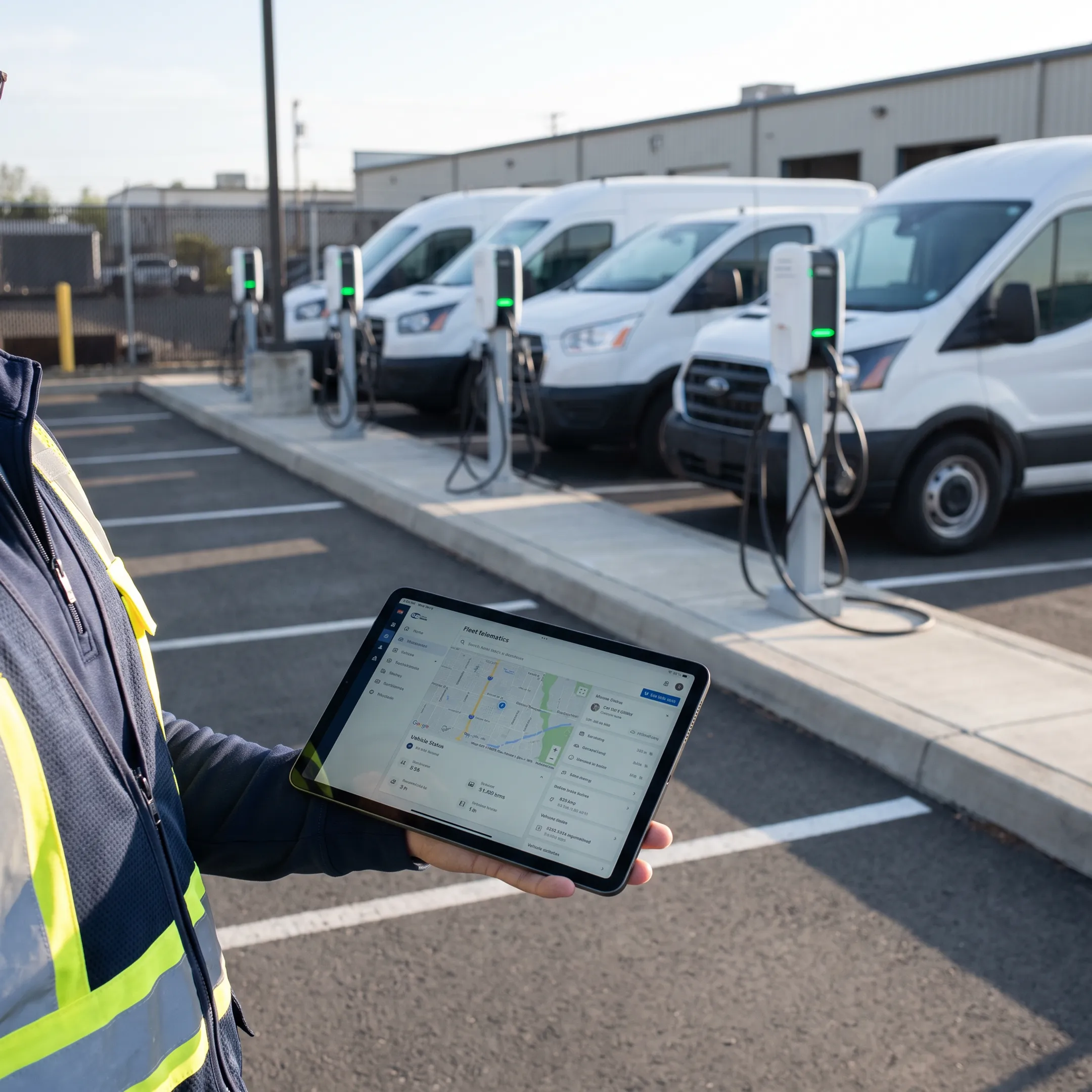 Electric vehicle fleet telematics dashboard showing vehicle tracking and diagnostics