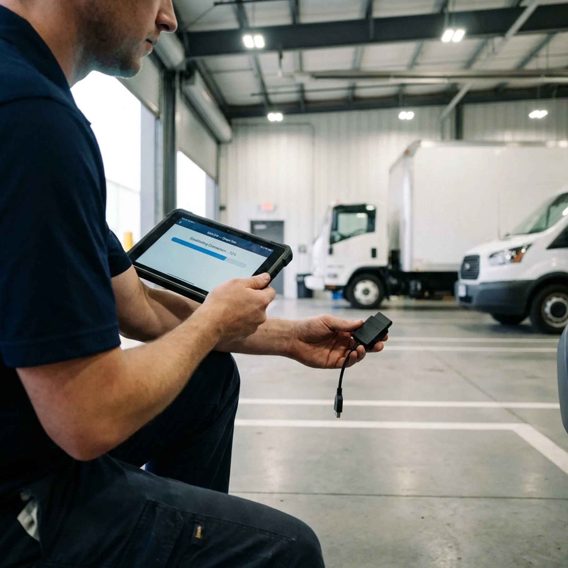 Commercial truck fleet undergoing preventative maintenance inspection