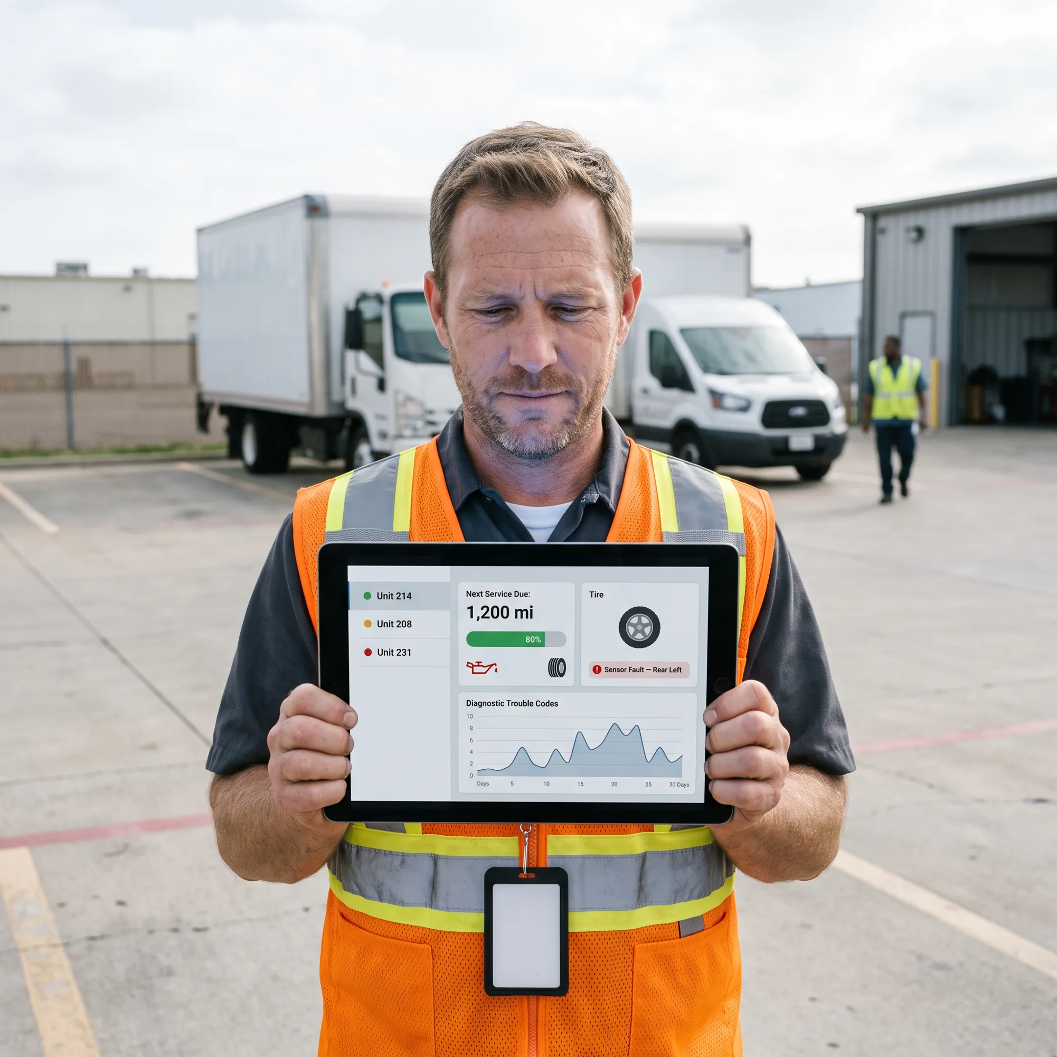 Fleet manager reviewing commercial vehicle maintenance diagnostics on a tablet