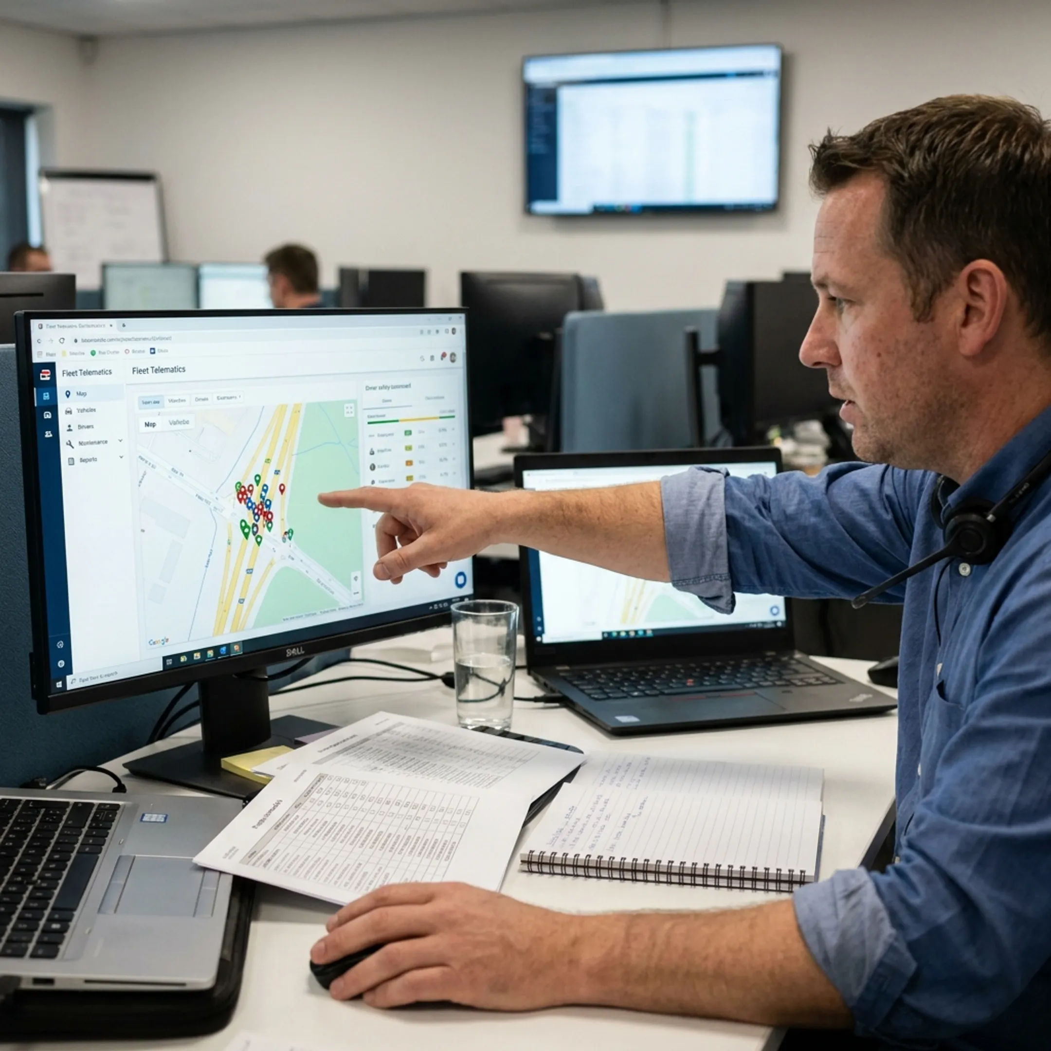 Fleet manager analyzing live delivery vehicle telematics on screen