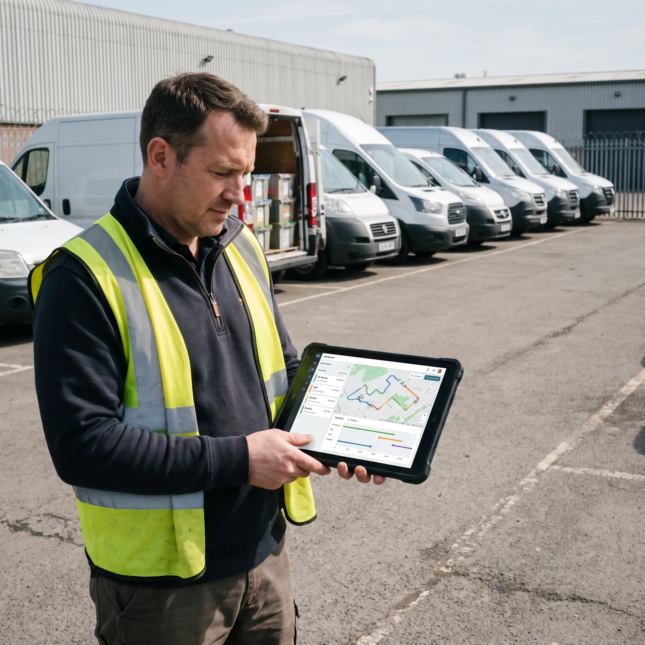 Delivery fleet vans monitored on modern tracking dashboard