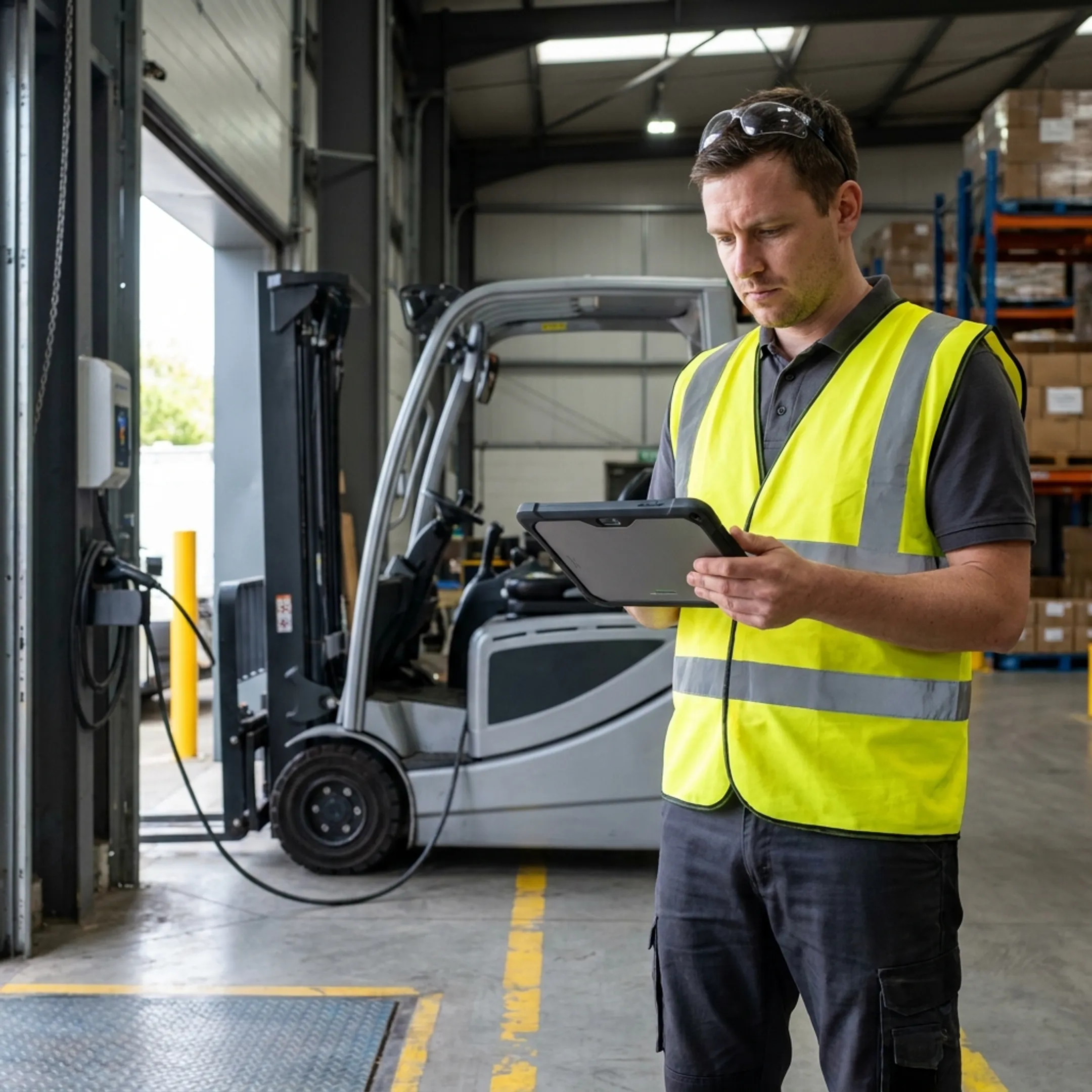 Technician reviewing forklift telemetry on a tablet