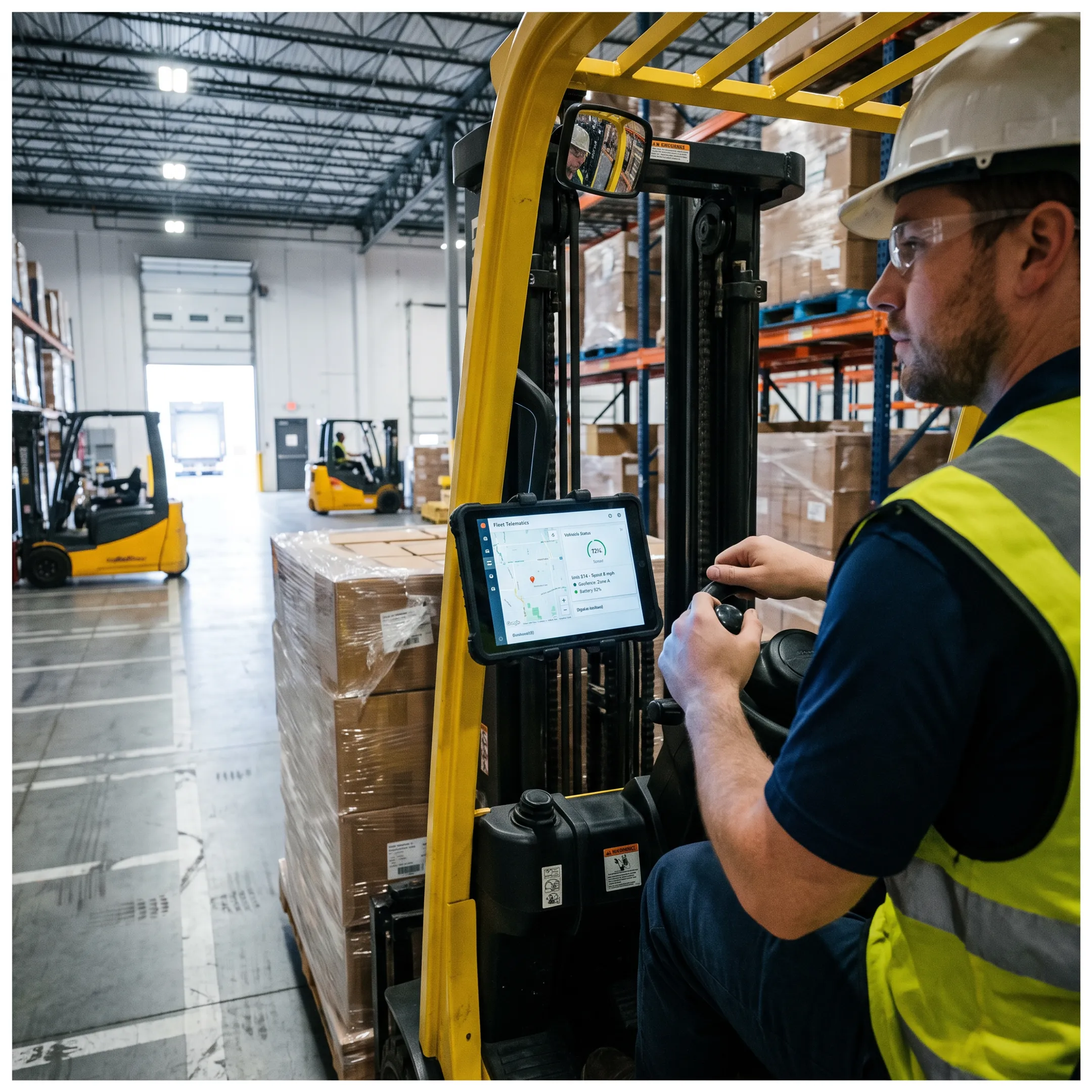 Forklift fleet operating in a modern distribution warehouse