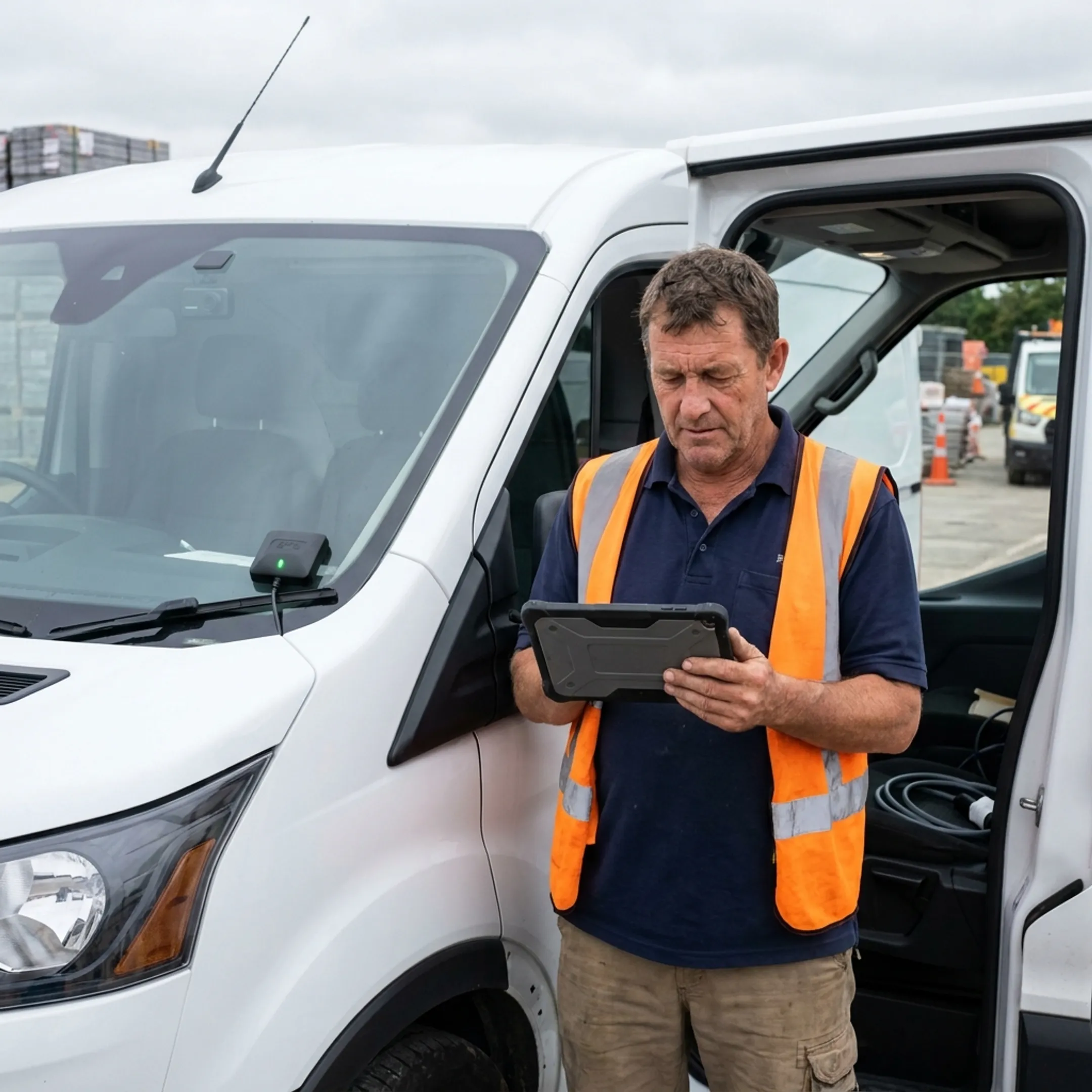 Commercial fleet van parked on an active job site equipped with IoT tracking sensors