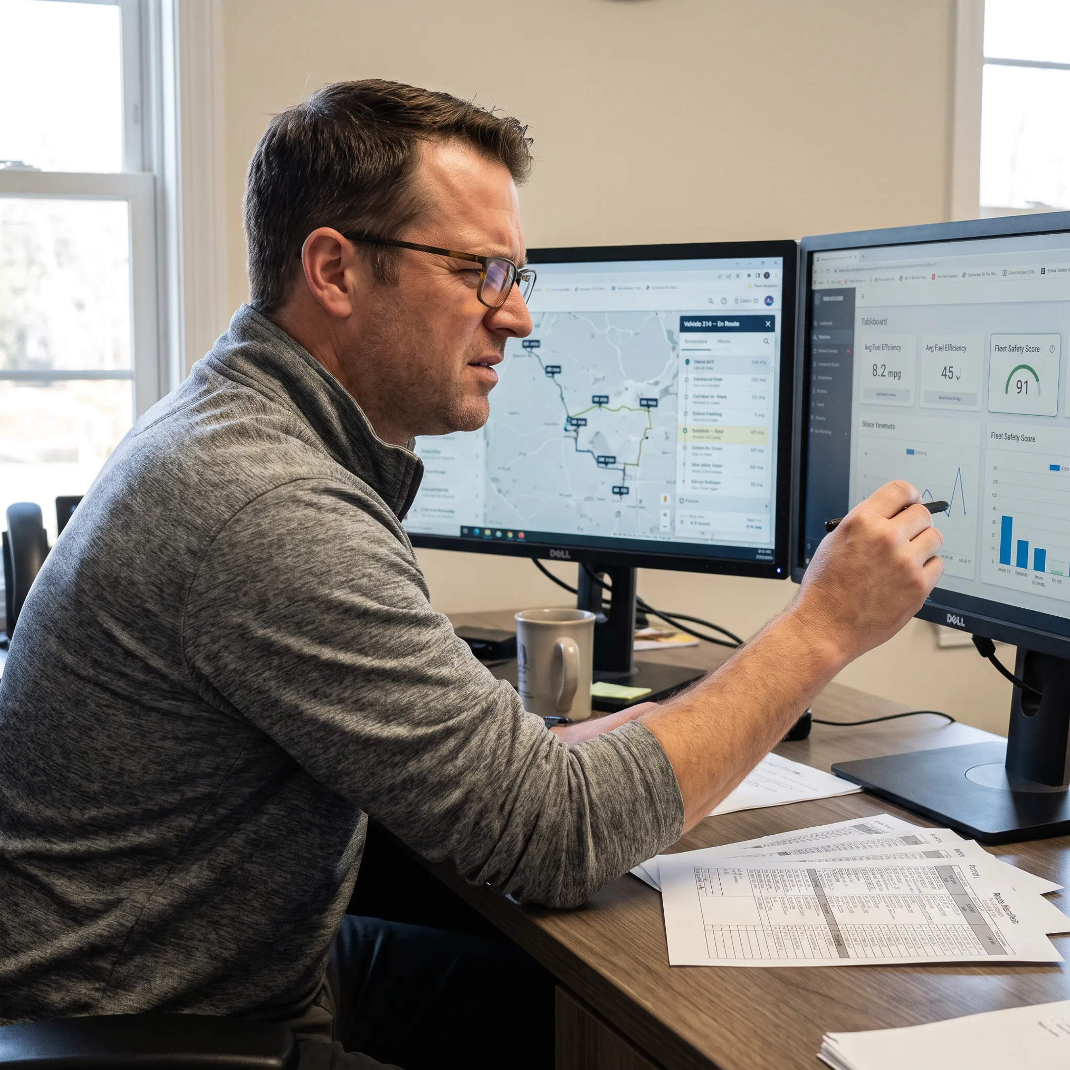 Fleet manager analyzing live GPS locations and telematics data on a desktop dashboard