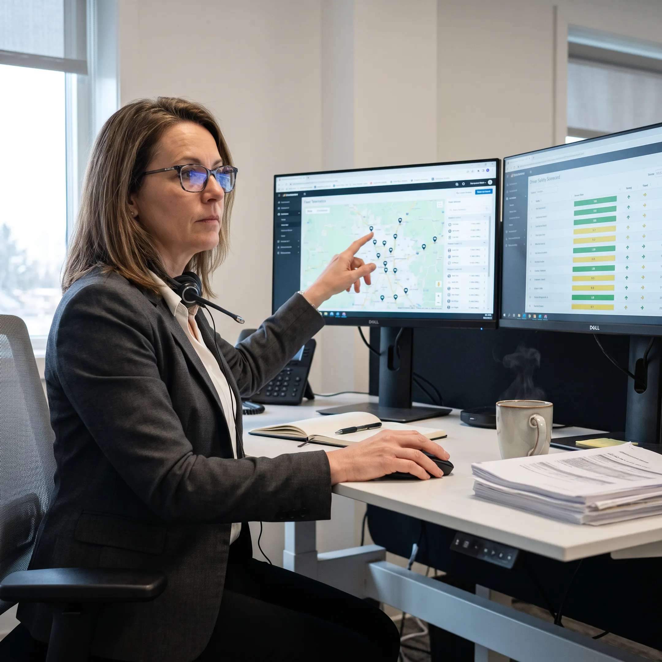 Fleet manager reviewing safety analytics on digital dashboard