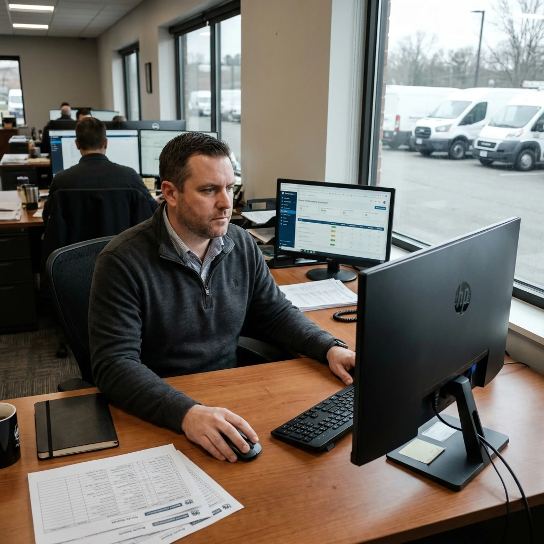 Fleet manager analyzing driver safety scorecard metrics in software portal
