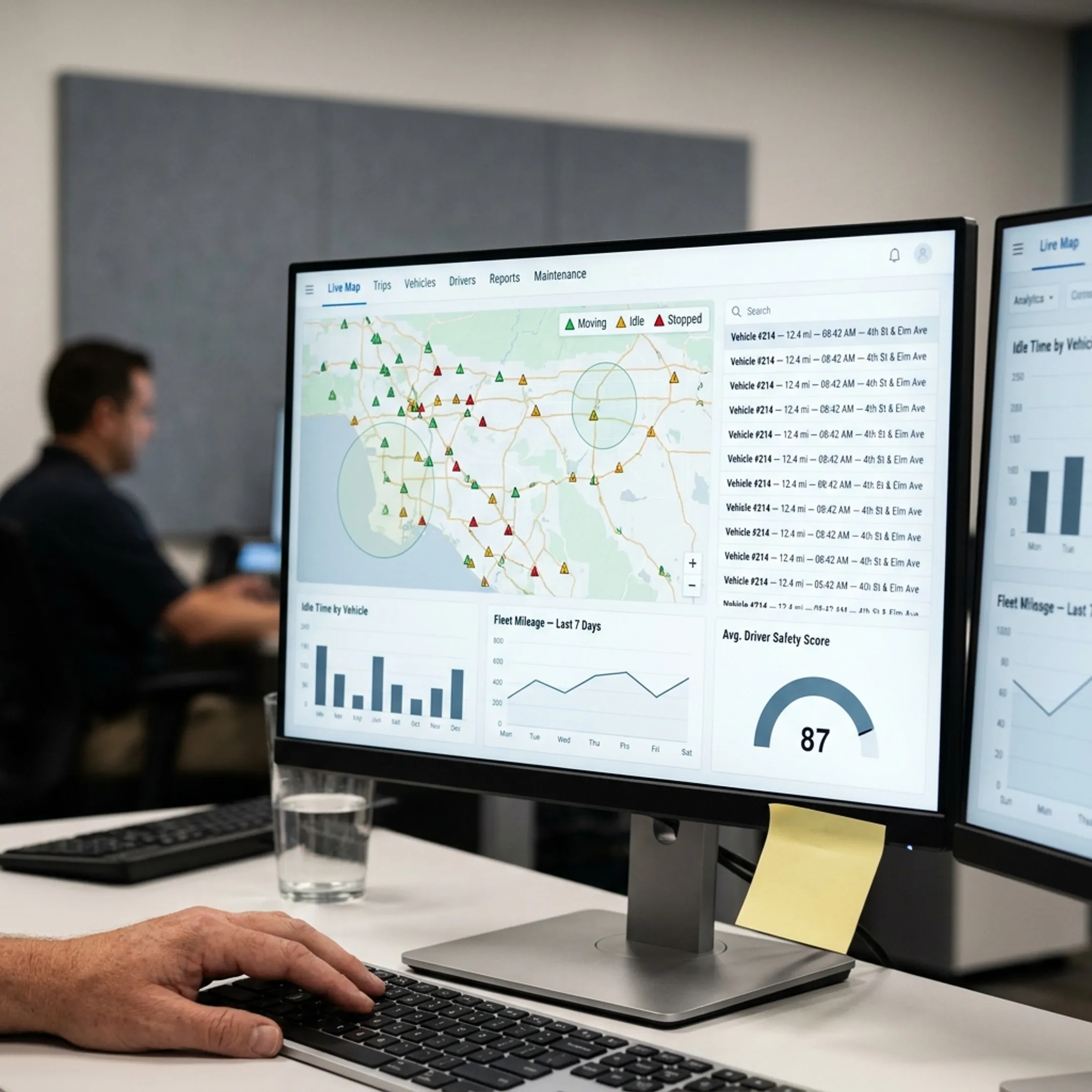 Fleet manager analyzing live GPS telematics data on computer dashboard