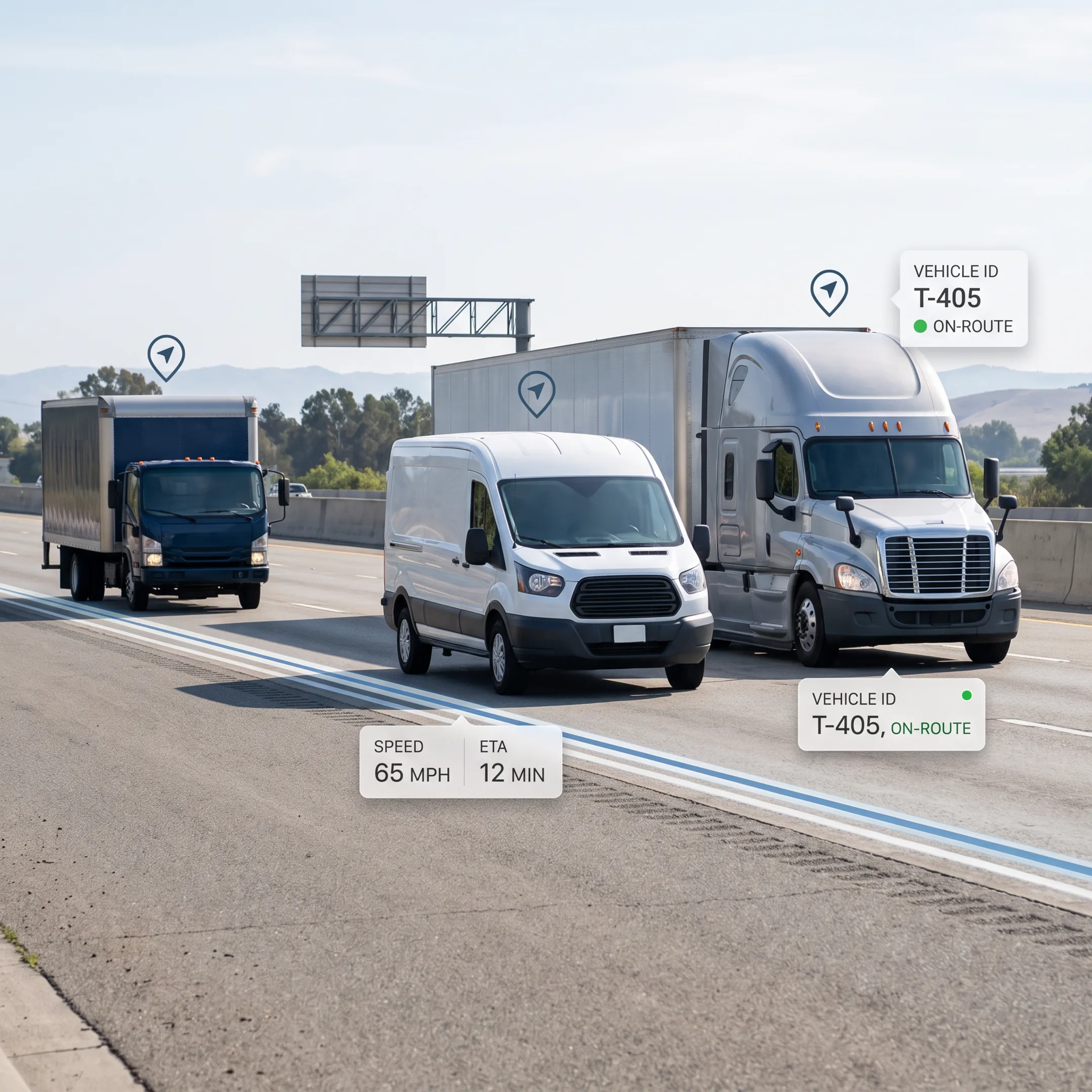 Commercial fleet vehicles equipped with GPS fleet tracking devices traveling on highway