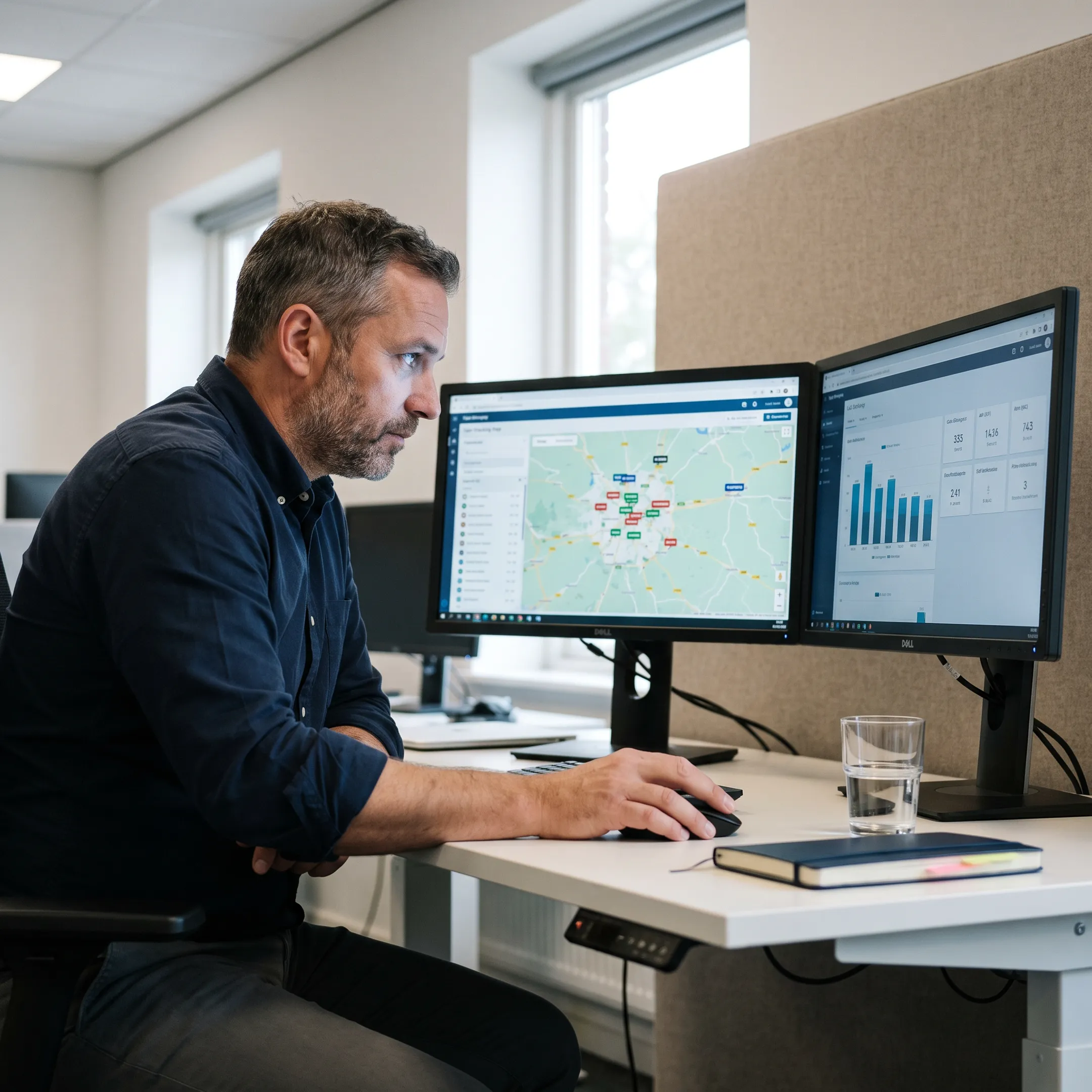 Fleet tracking dashboard displaying vehicle locations and fuel consumption analytics